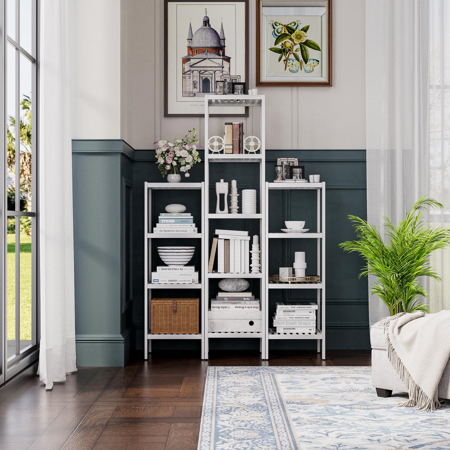 SMIBUY Bathroom Storage Shelf, 5-Tier Bamboo Rack Organizer, Multifunctional Shelving Unit for Living Room Bedroom Kitchen (White)