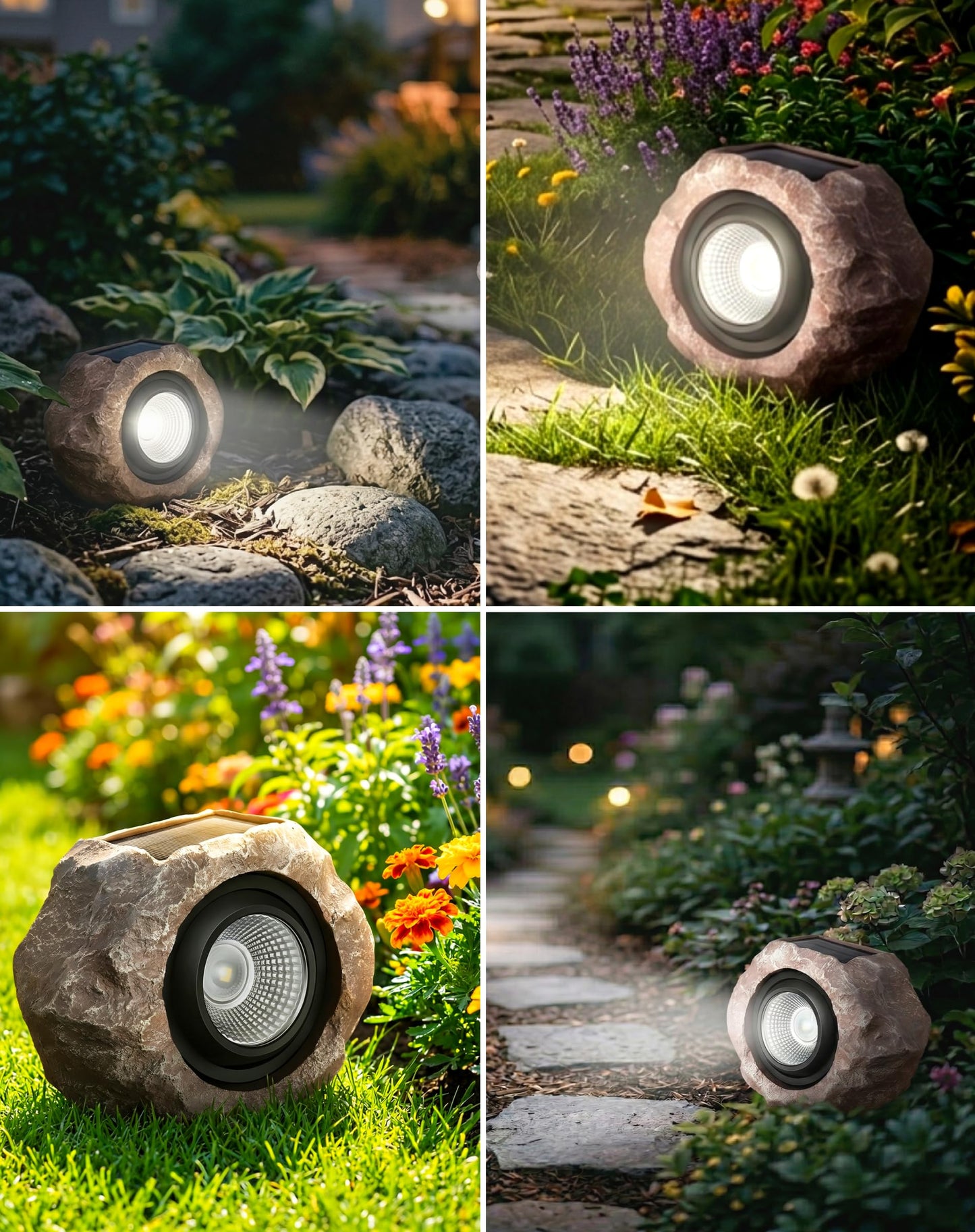 4 Pack Solar Rock Lights Outdoor, Angle Adjustable Solar Lights Outdoor Waterproof, LED Solar Garden Lights, Auto On/Off Landscape Lighting for Yard Pathway Patio Flower Bed - White Glow (Stone Brown)
