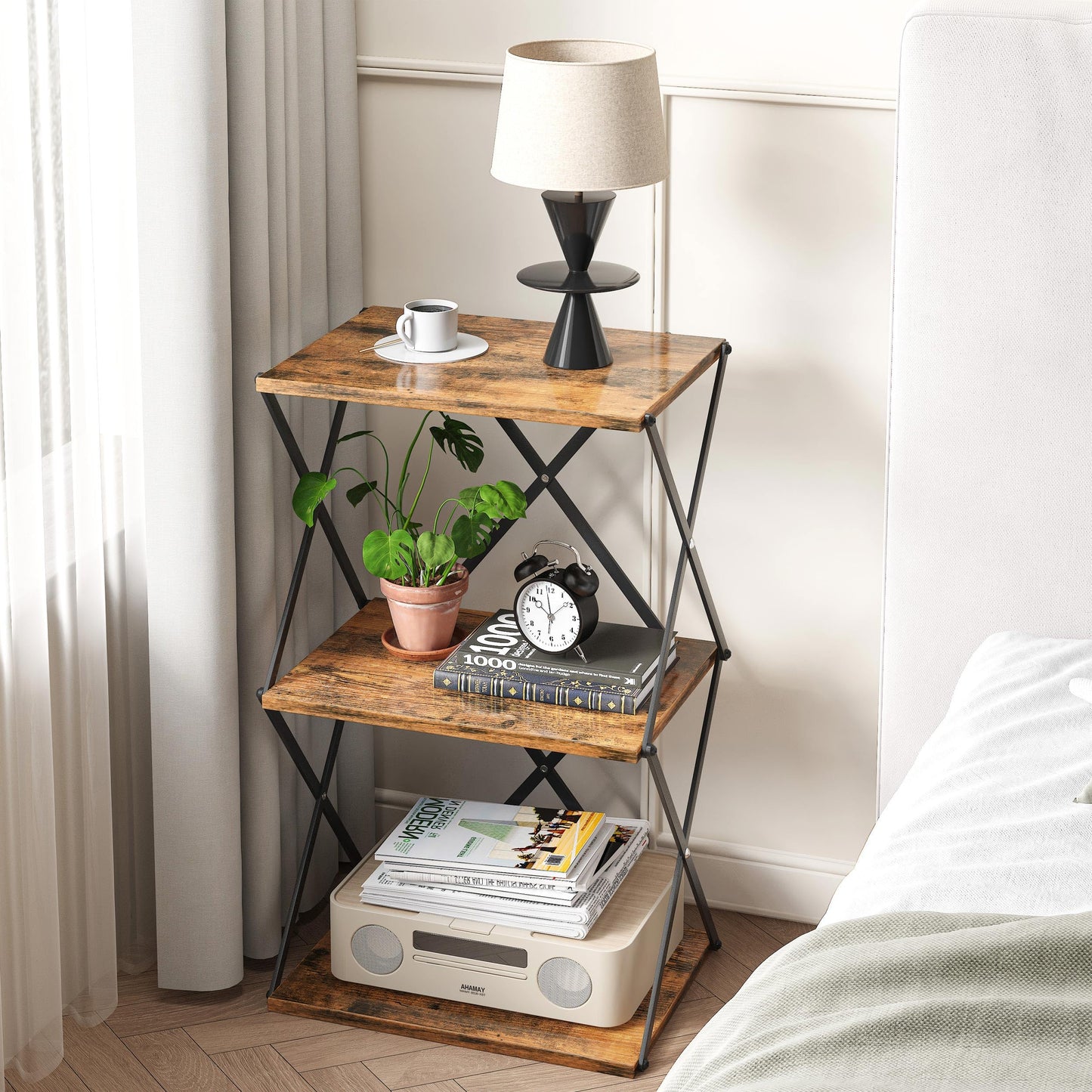 IRCPEN 3-Tier End Table Small Side Table Tall Bedside Night Stand with Storage Sofa Side desks for Living Room Bedroom Office Bathroom Small Space Rustic Brown ET-03RB