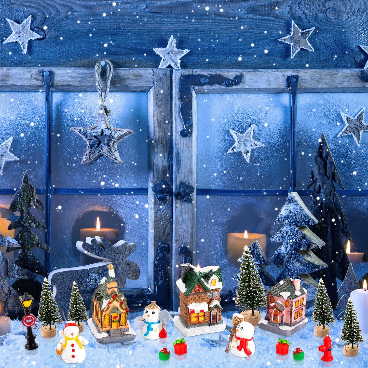 Vinsot 30 Pcs Christmas Village Sets Light Up Christmas Town LED Tiny Resin Village Figurines Collection Display Xmas Table Decor Ornaments