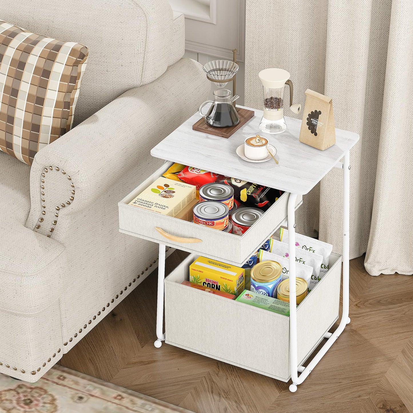 Olldide 3-Tier Bedside Table with Storage, Modern Square Nightstand with Fabric Storage Basket & Drawers, Multifunctional Side Table for Living Room, Bedroom (White)