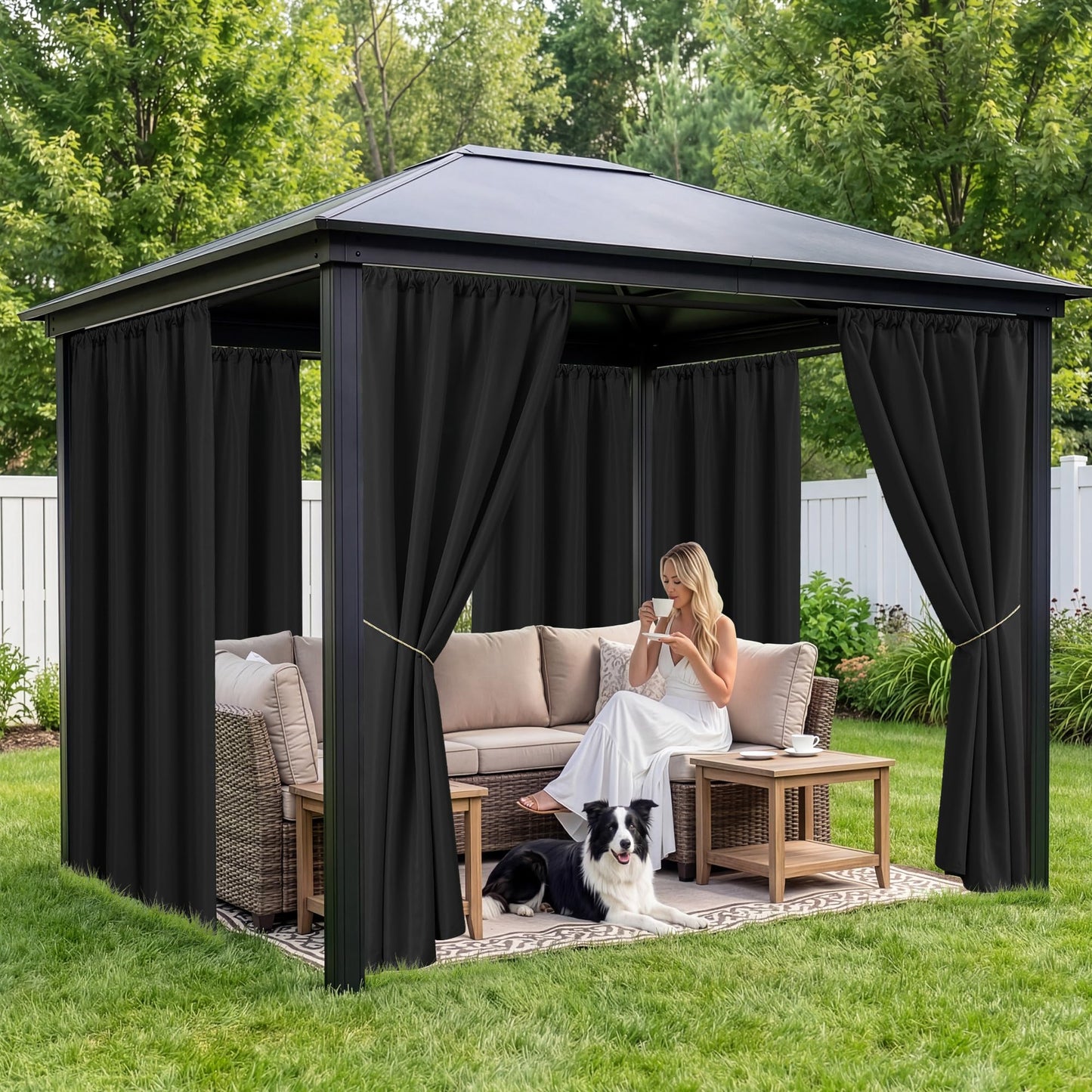 RichSets Black Outdoor Curtains for Patio Waterproof - 8 Panels Weatherproof Privacy Outside Curtains with Rod Pocket for Pergola, Gazebo, Porch, Cabana, Balcony, 54 x 95 Inch