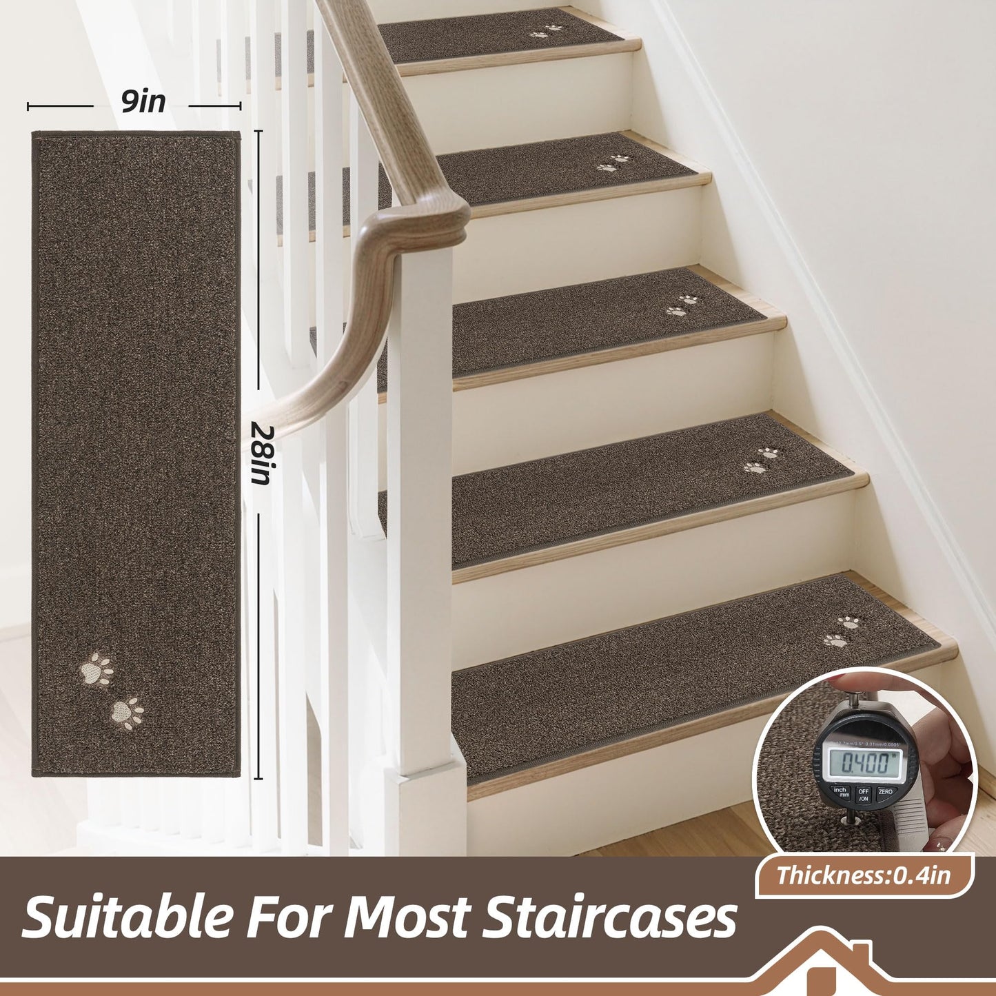 BEQHAUSE Stair Treads for Wooden Steps 28inX9in, Non Slip Carpet Stair Treads Indoor Stair Runners Machine Washable, Soft Stair Rugs Mat Surface Polyester TPE Backing, 15pcs, Brown