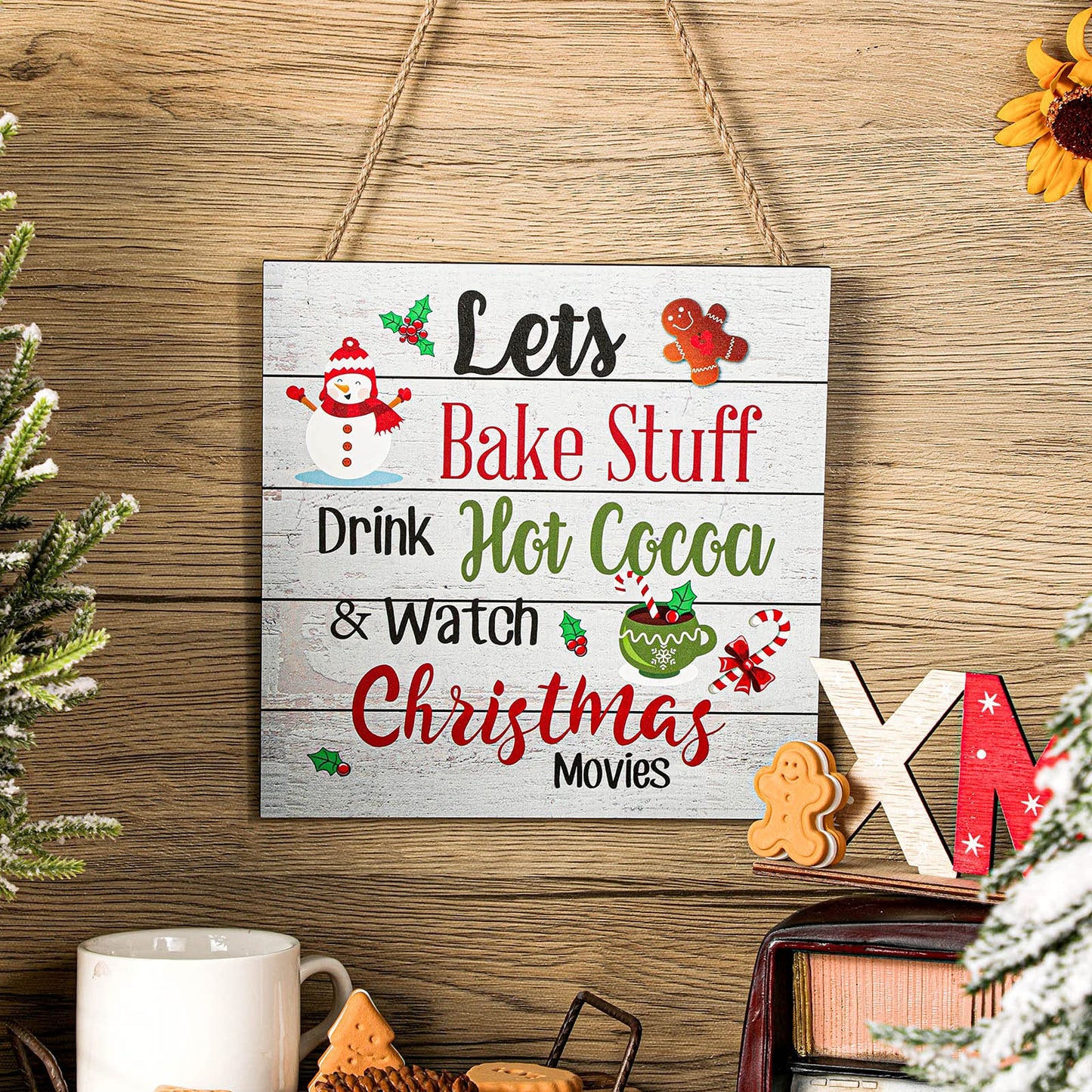 Blulu Christmas Hanging Wooden Sign Christmas Coffee Bar Decor Wood Candy Cane Hot Cocoa Sign Door Hanging Plaque for Xmas Winter Holiday Kitchen Home Wall Decoration(Classic)