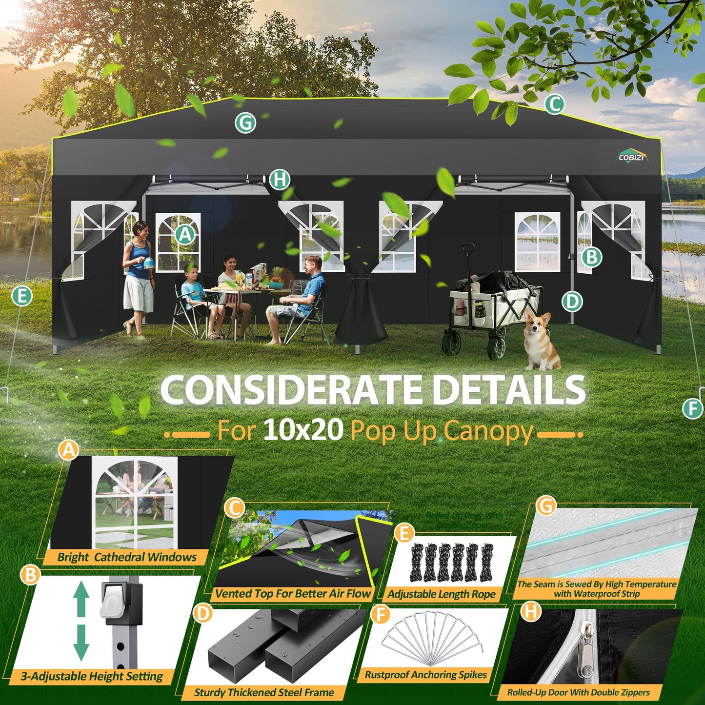 COBIZI 10x20 Pop Up Canopy Tent with 6 Sidewalls One Push Setup Outdoor Commercial Gazebo Waterproof UPF 50+ Party Tent with Carry Bag,Air Vent,Sandbag Tents for Parties,Wedding,Backyard,Black