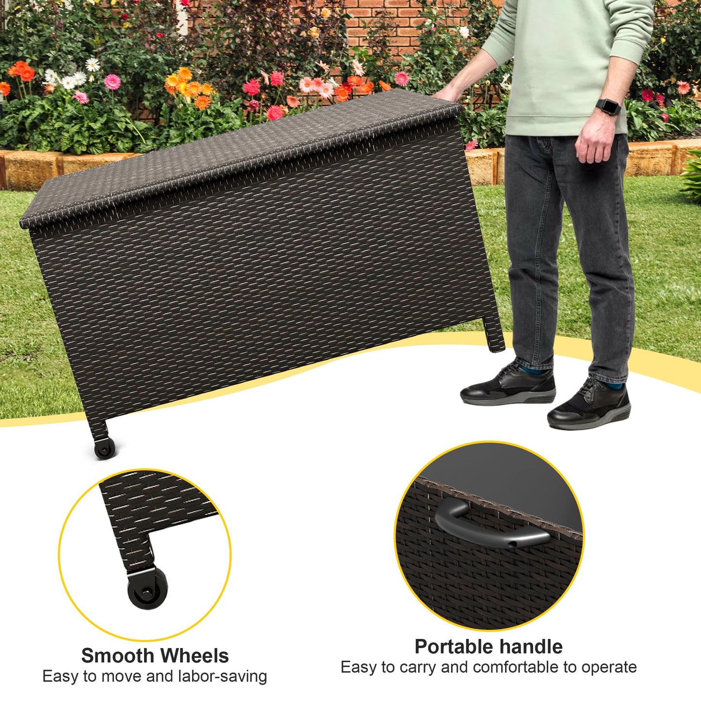 Wicker Deck Box, 125 Gallon All-Weather Outdoor Storage Box, Rattan Storage Bin for Patio Furniture, Outdoor Cushions, Pool Storage and Garden Tools, Brown