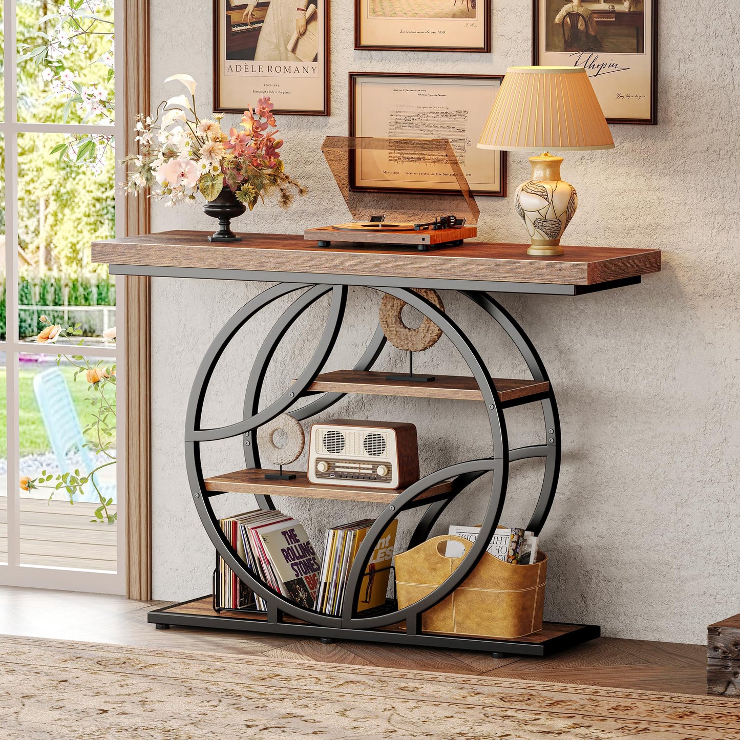 Huuger 41.3 Inch Entryway Table, Industrial Console Sofa Table with Storage, Accent Table with Shelves, for Entry, Hallway, Entrance, Foyer, O-Shaped Metal Frame, Rustic Brown