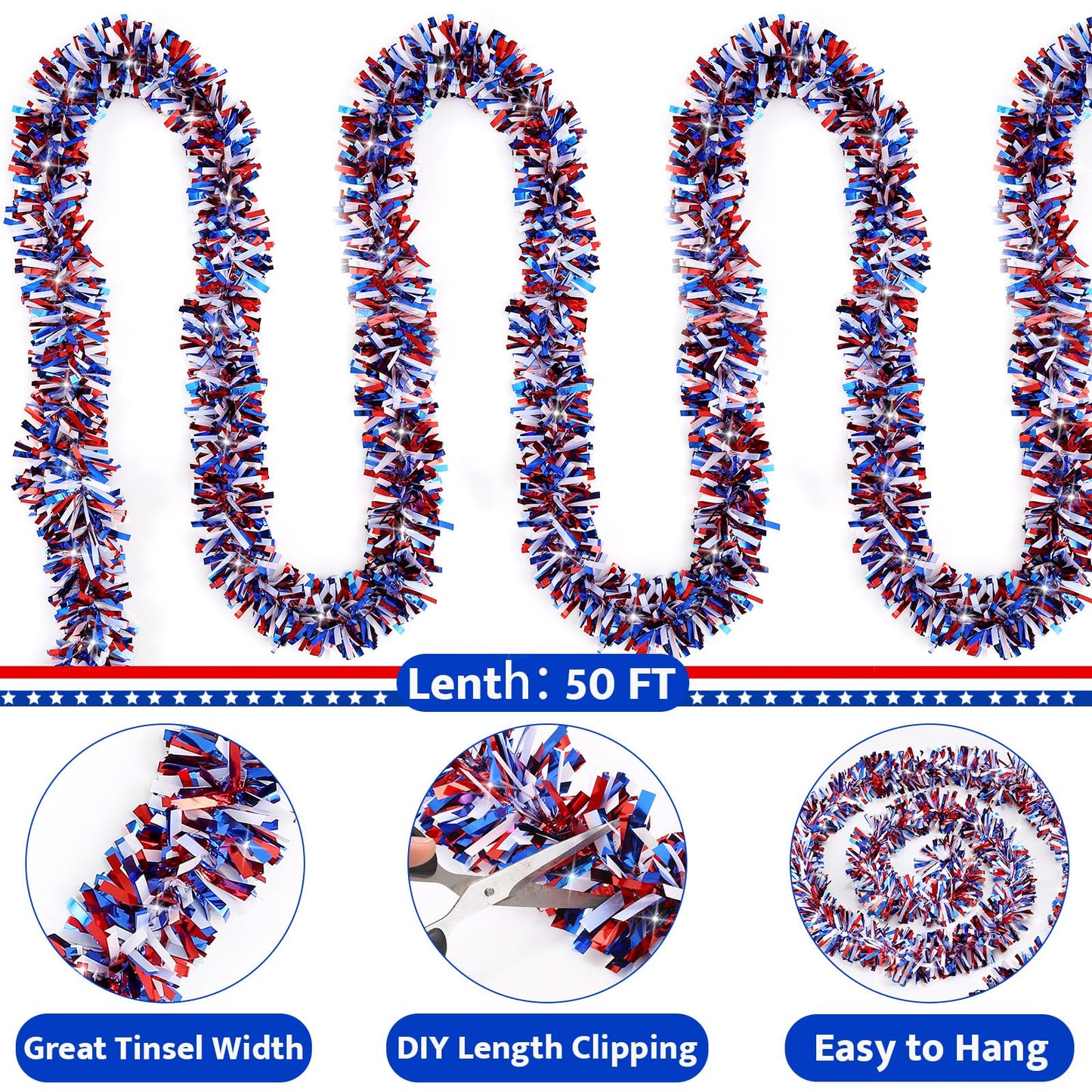 50 FT 4th of July Tinsel Garland Red White and Blue Garland Fourth of July Garland Patriotic Garland for Home Party Holiday Celebration Memorial Day Independence Day 4th of July Decorations