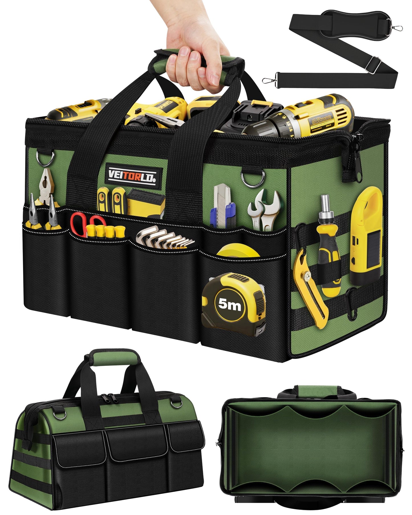 16-Inch Heavy Duty Tool Bag, 19-Pockets Tool Box Organizer, Portable Toolbag W/Soft Handle for Organized Storage, Mechanic Gifts for Men Dad Husband Fathers Day, Wide Mouth Electrician Toolbox, Green