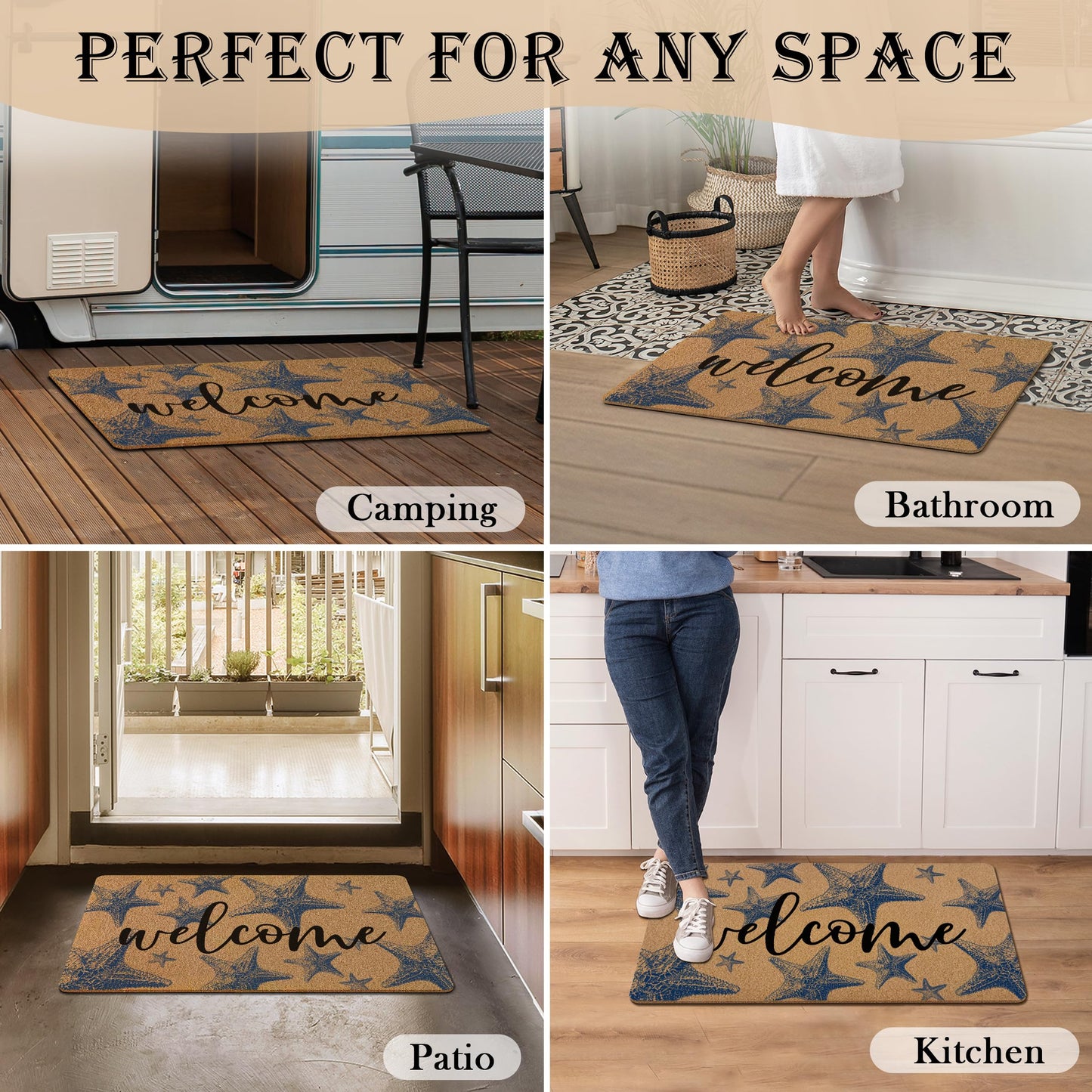 GUULIJEEMIY Coastal Starfish Door Mat, Nautical Blue Starfish Welcome Front Door Mat Rug Outdoor Indoor Entrance, Beachy Ocean Artificial Coir Doormat for Beach House Porch Patio Entry, 30x17 Inch