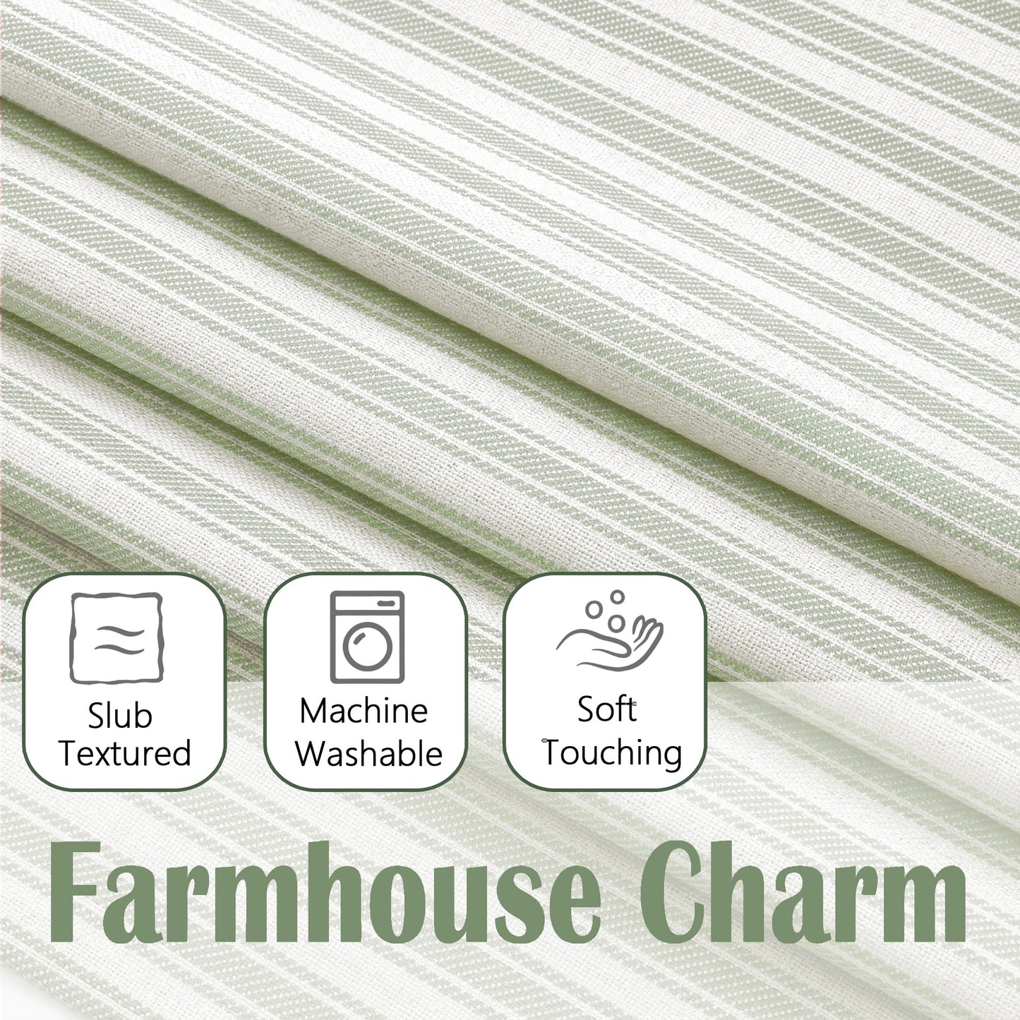 Chyhomenyc Striped Valances for Windows - Light Filtering Faux Linen Small Kitchen Valance Curtains, Boho Ticking Stripe Rod Pocket Farmhouse Valance for Living Room, 52Wx14L, 2 Pieces, Sage Green