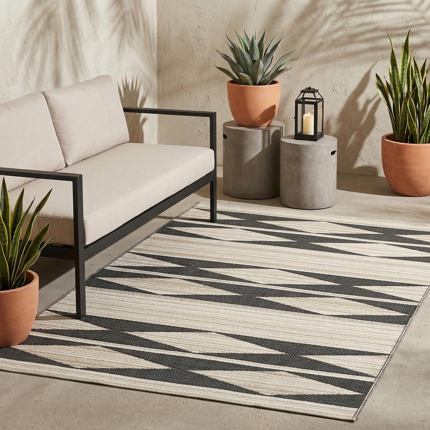 Fab Habitat Outdoor Rug - Waterproof, Fade Resistant, Crease-Free - Premium Recycled Plastic - Geo Tribal - Porch, Deck, Balcony, Mudroom, Laundry Room, Patio - Cairo - Natural & Black - 3 x 5 ft