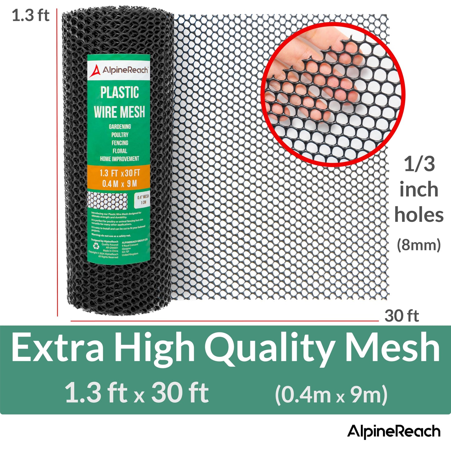 AlpineReach Plastic Wire Mesh 1.3ft x 30ft Fence Roll with Zip Ties - Ideal for Poultry, Dogs, Rabbit Barrier & Gardening, Durable Chicken Mesh, Versatile Rigid Fencing & Netting, Black (15.7" x 360")