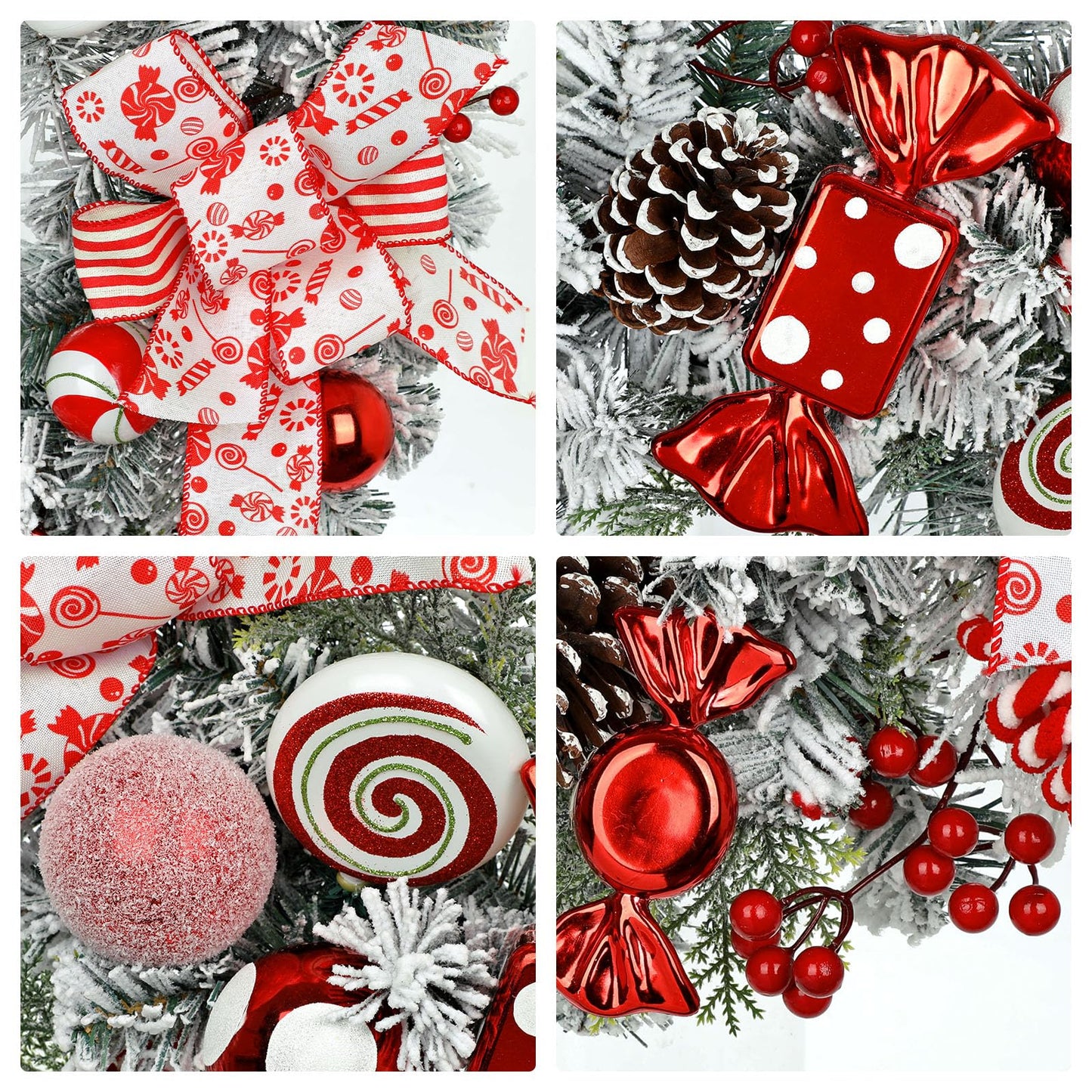 24" Artificial Christmas Wreath with Red Candy Accents, Double Ribbon Bows, Pine Cones & Ornaments, White Cedar Base for Christmas Thanksgiving Winter Holiday Front Door and Wall Decoration
