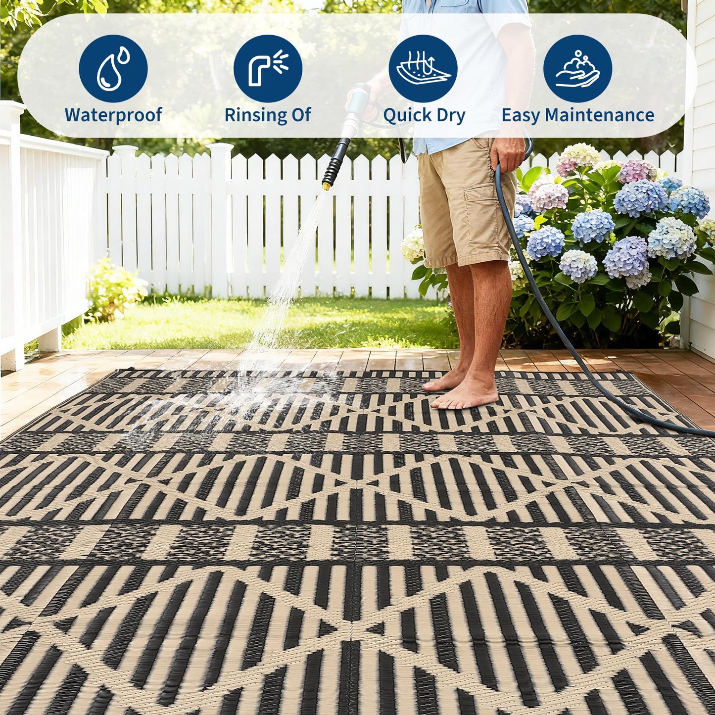 IDEALHOUSE 9x18 Ft Outdoor Rug 320GSM PP Woven Double Sided Same Pattern Waterproof Geometric Patio Mat for Backyard Deck Porch Camping Picnic Beach, Black Coffee