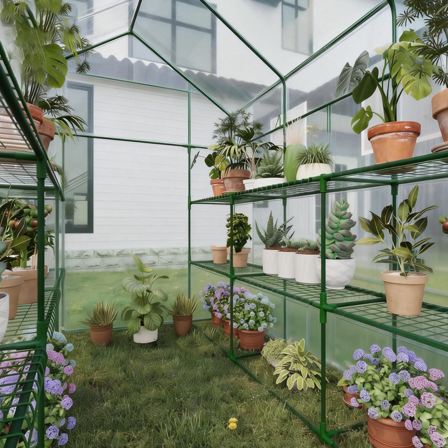 Portable Walk-in Greenhouse for Outdoors, 57 x 85 x 77 Inch Heavy Duty 3-Tier 18-Shelf Greenhouse with Thick PE Cover, Mesh Door & Screen Windows for Plants, Flowers, Seedlings, Herbs & Vegetables