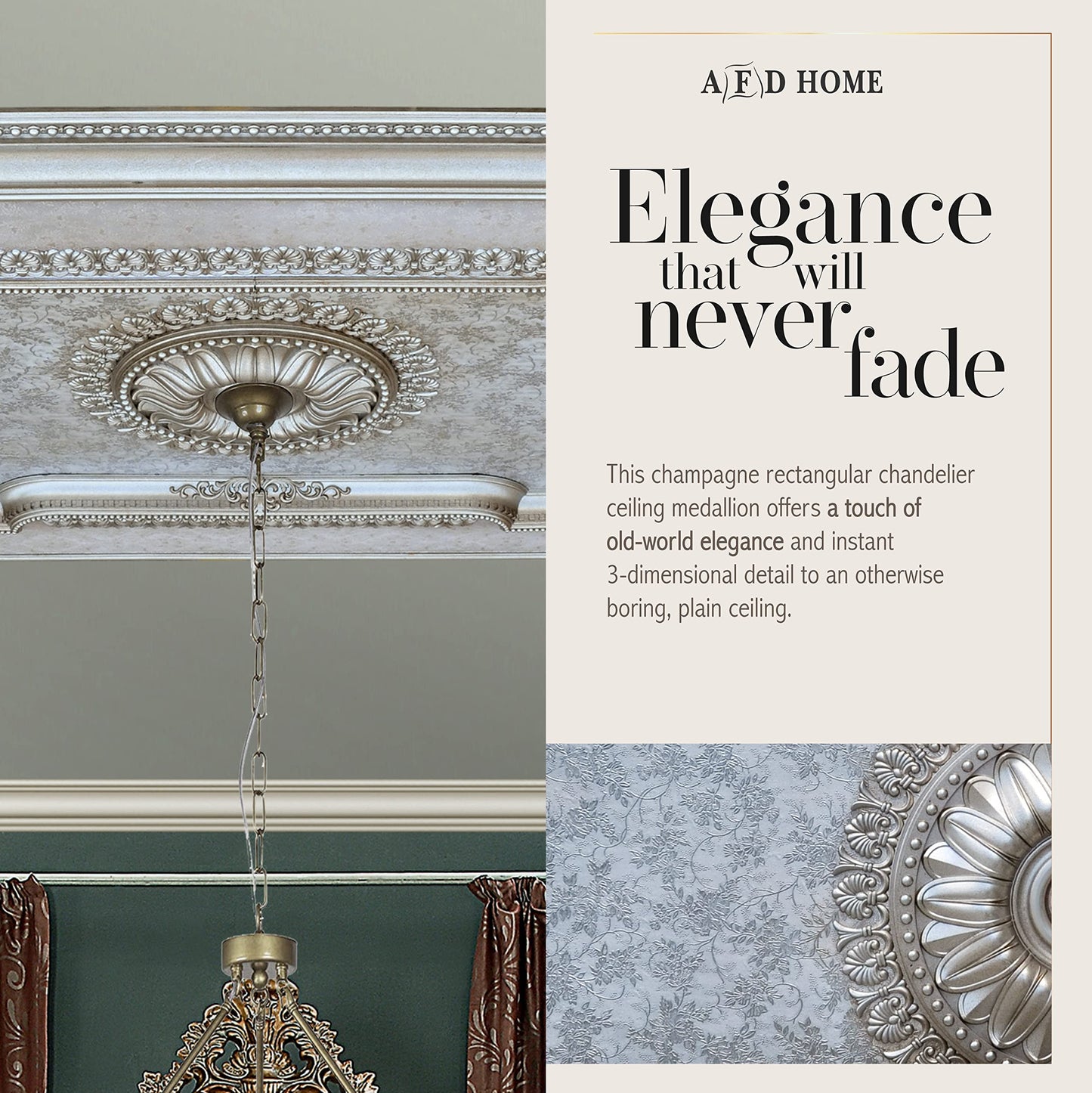 AFD Home Rectangular Ceiling Medallion or Fan Medallion, 94 Inches, Champagne Silver