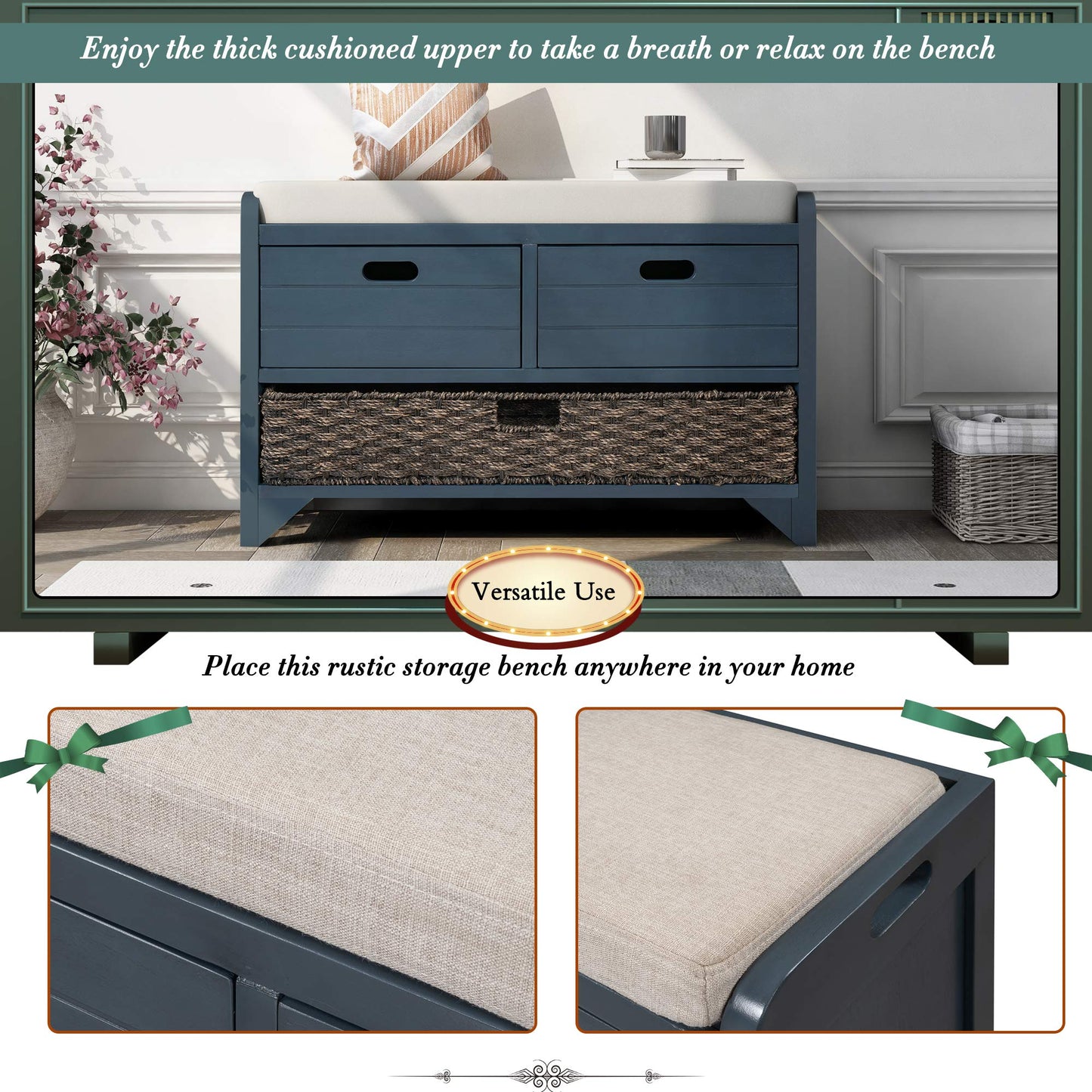 P PURLOVE Wood Storage Bench with Removable Basket and 2 Drawer,Fully Assembled Entryway Storage Bench Shoe Bench with Removable Cushion for Hallway Entryway Living Room