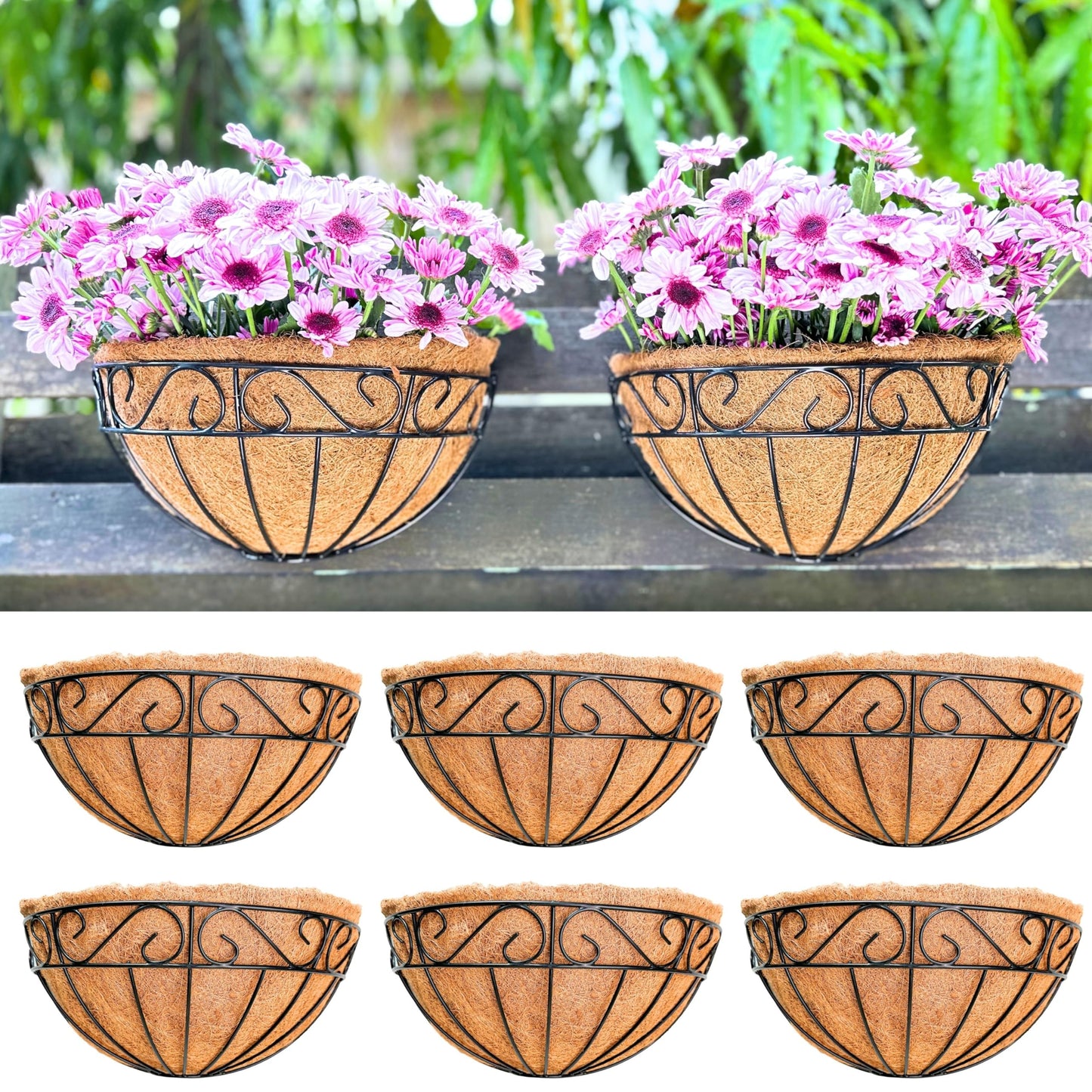 LaLaGreen Wall Hanging Planters, 6 Pack, 12 Inch Balcony Flower Baskets with Coco Liner Outside, Outdoor Vertical Garden, Fence Pots Holder Half Round Semi Circle Rail Railing Deck Porch Balcony Patio