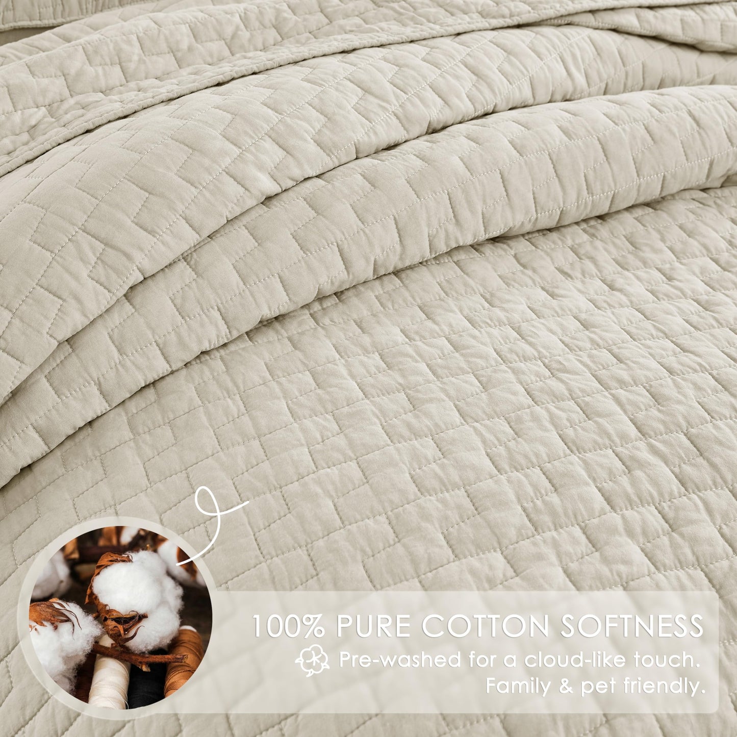 palassio Beige 100% Cotton Quilt Queen Size Bedding Sets with 2 Pillow Shams, Textured Lightweight Soft Bedspread Shabby Chic Coverlet, Neutral Quilted Comforter Bed Cover for All Season, 3 Pieces
