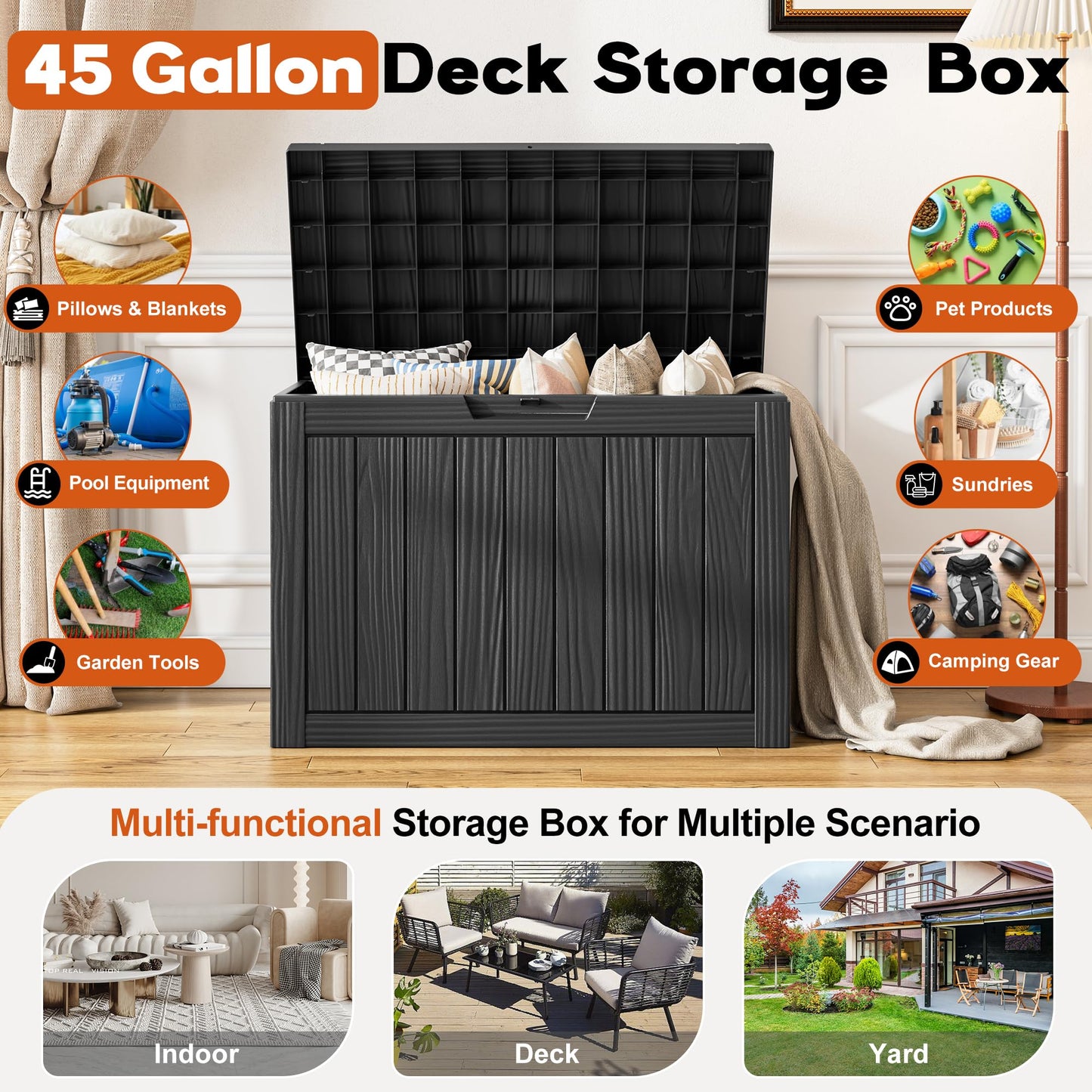 NBYSGO Outdoor Storage Box, Resin Deck Boxes Indoor and outdoor, Waterproof Storage Box Lockable Lid (Black, 45 Gallon)