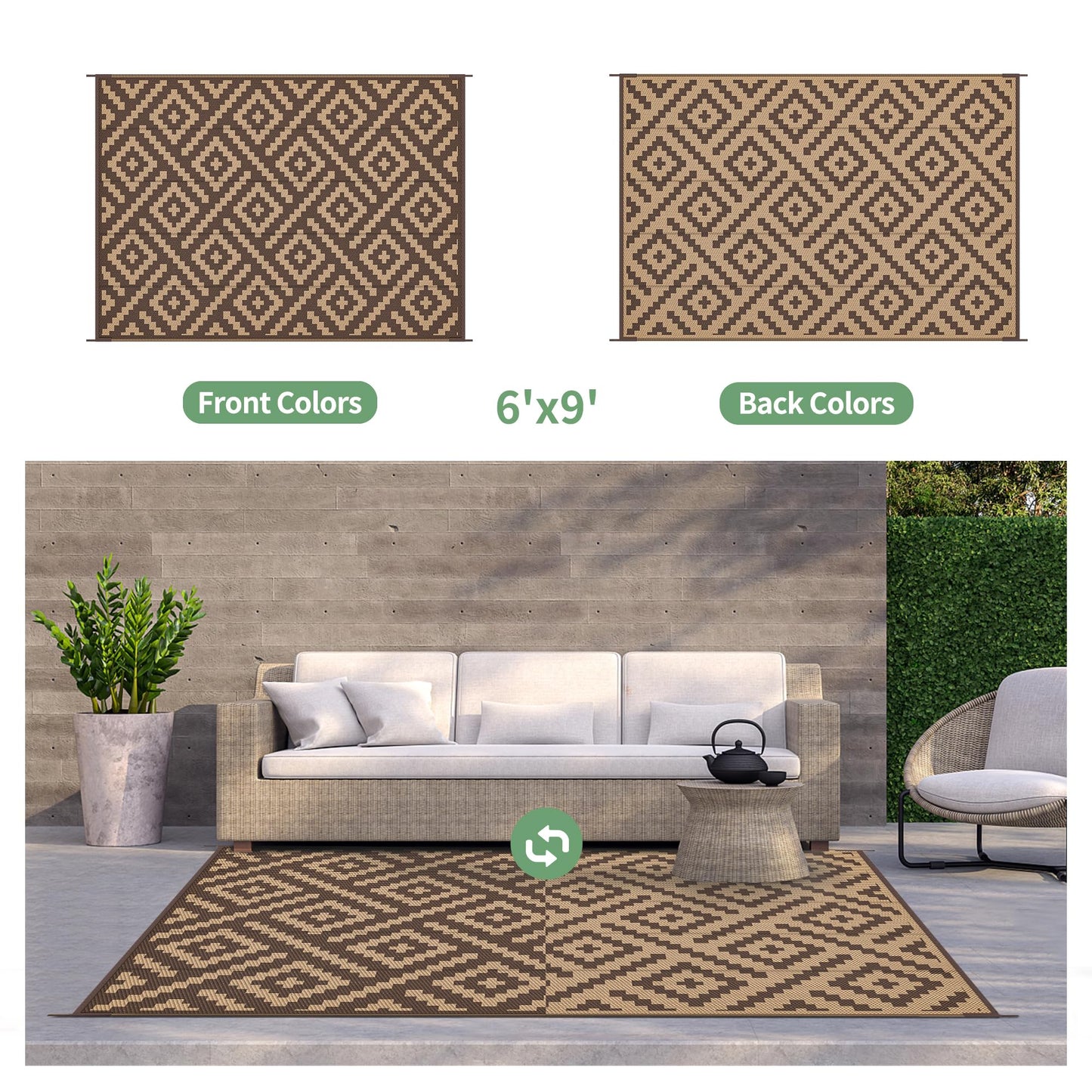 GENIMO Outdoor Rug for Patio Clearance, 6'x9' Reversible Plastic Straw Rugs, Lightweight Waterproof RV Camping Mat for Camper, Balcony, Deck, Backyard, Picnic, Coffee & Brown
