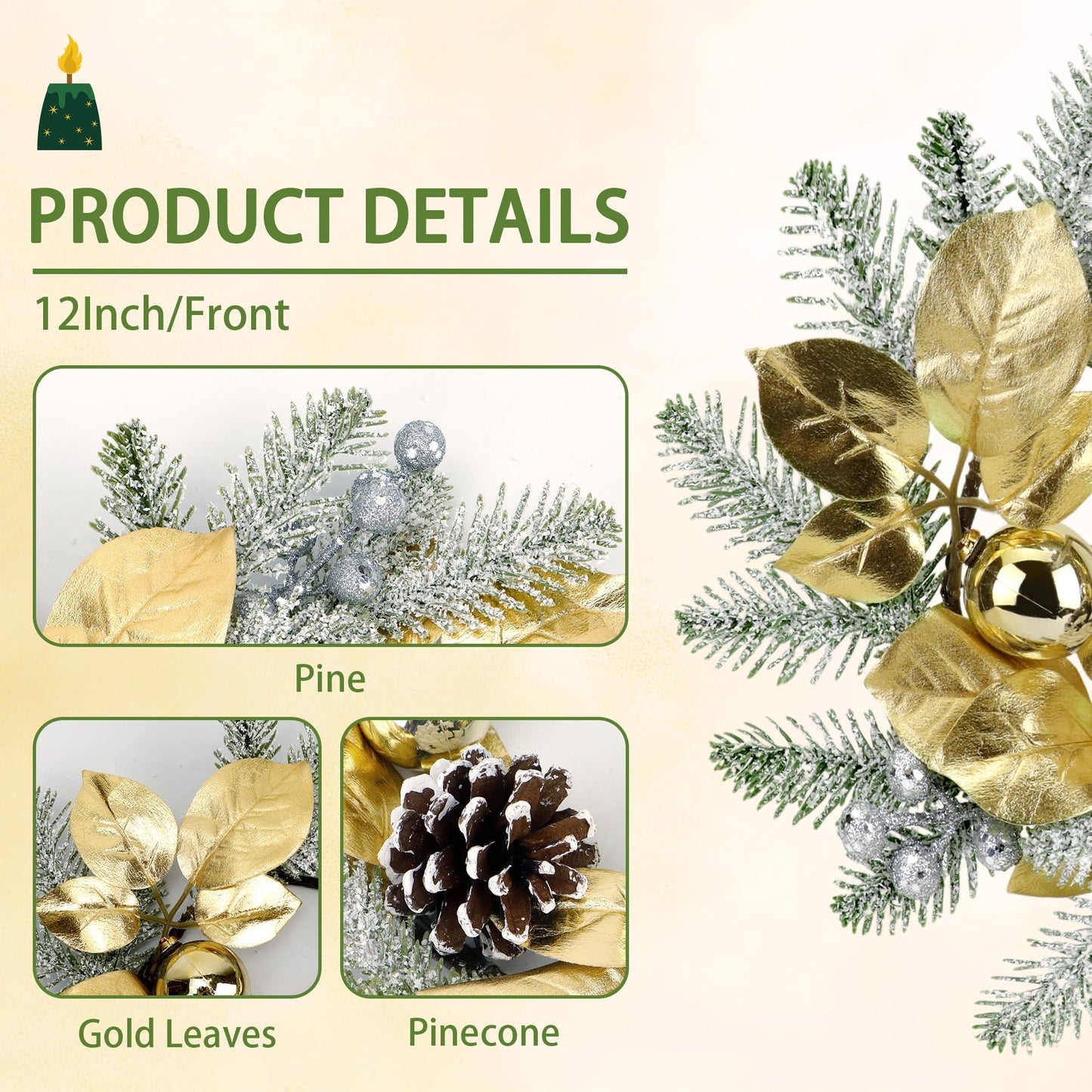 Christmas Candle Rings Wreath,8in Small Wreaths for Kitchen Cabinet with Balls,Pine Cones,Pine Needles and Berries for Home Christmas Table Centerpiece Decorations (6, Gold)