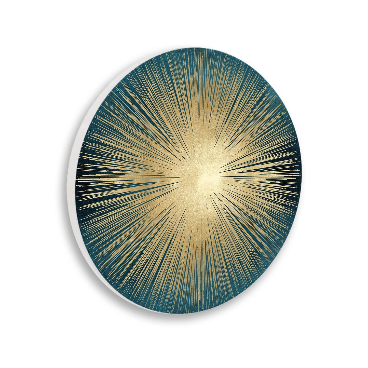Stupell Industries Abstract Deco Sunburst Shape Over Dark Blue Circular Wall Plaque, 12" Diameter, Gold