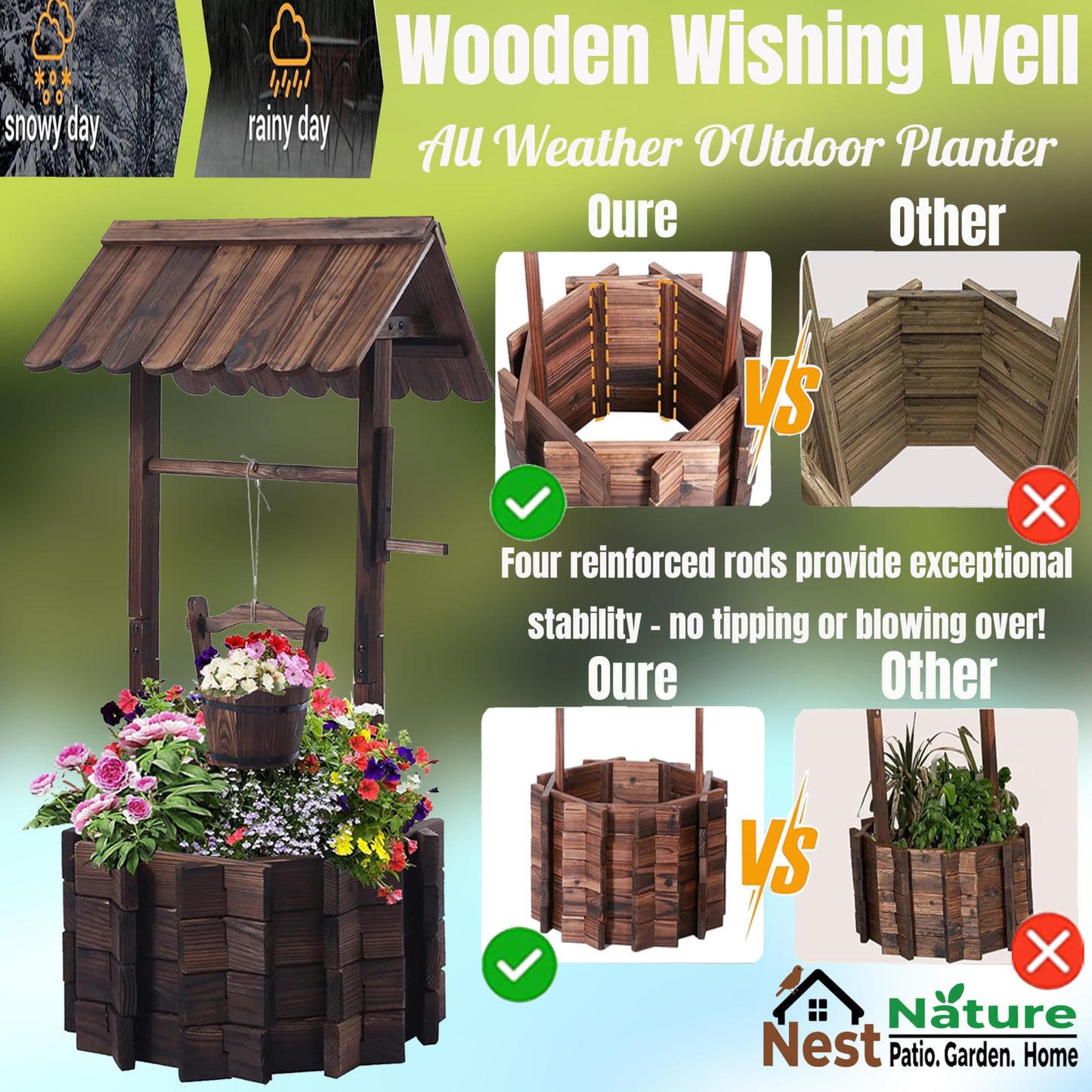 NestNature 21.75" Carbonized Wooden Wishing Well Planter for Outside, Rustic Outdoor Wishing Well with 4 Reinforced Rods & Hanging Bucket, Decorative Well Cover for Yard Garden Patio Lawn Backyard