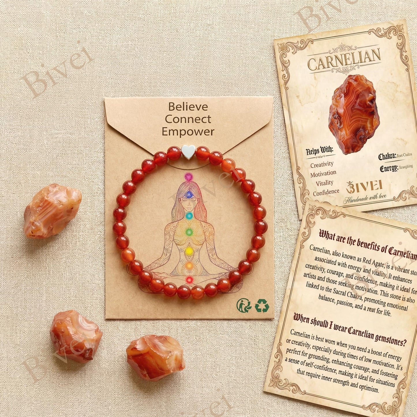 Bivei 6mm Carnelian Crystal Stretch Bracelets for Women, Handmade Natural Stone Beaded Bracelet, Yoga Protection Jewelry Gift