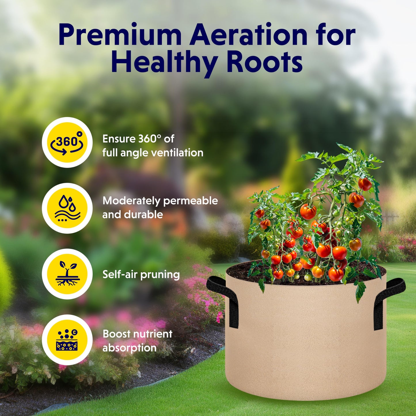 iPower 5 Pack 15 Gallon Tan Grow Bags, Garden Planting Nonwoven Fabric Pots with Reinforced Handle, Heavy Duty and Aeration Planter Pot for Tomato, Fruits, Vegetables and Flowers