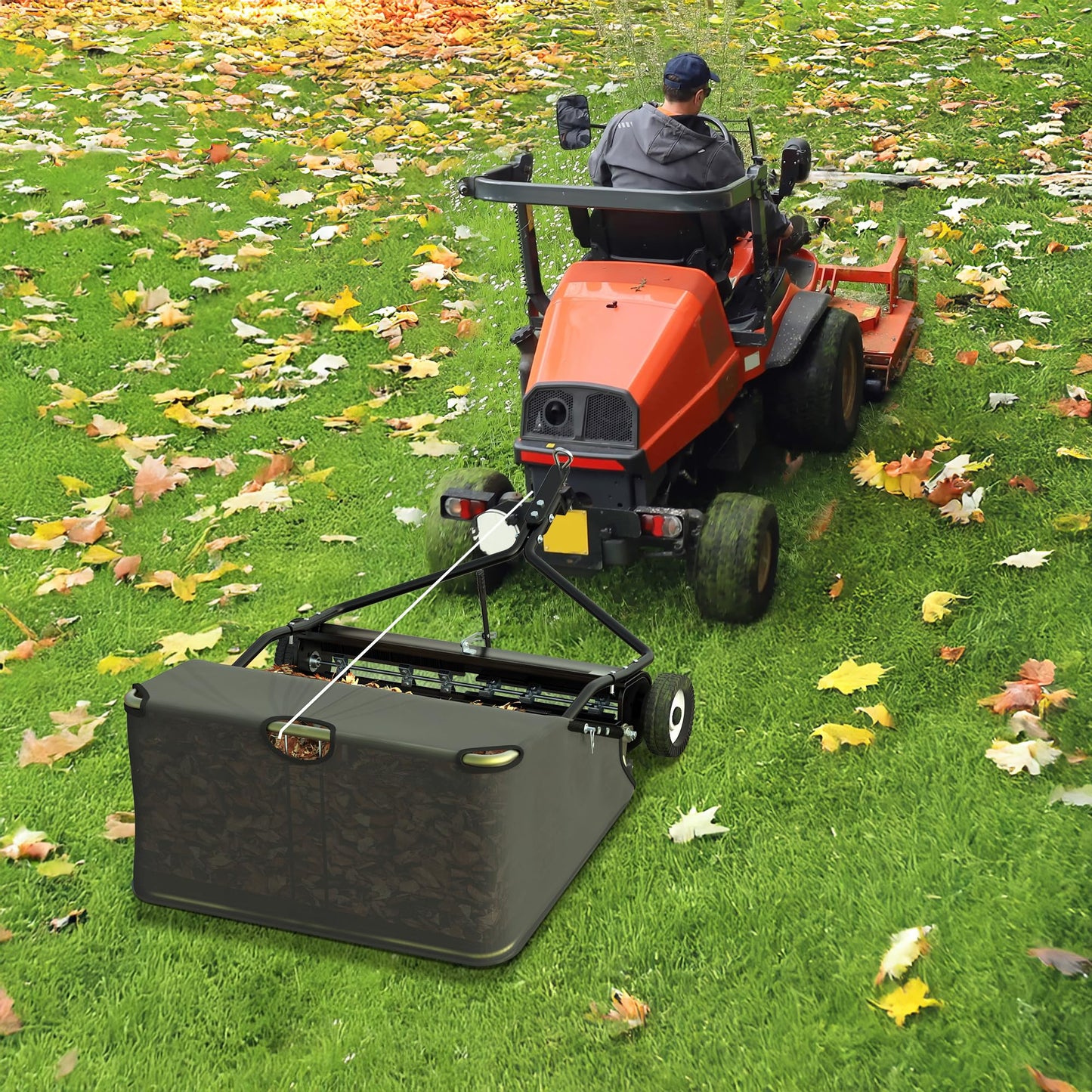 AUTOSAVER88 48" Tow Behind Lawn Sweeper, 25 cu. ft Capacity Pull Behind Lawn Sweeper, Leaf & Grass Collector with Adjustable Brush Height and Dumping Rope Design for Yard Lawn