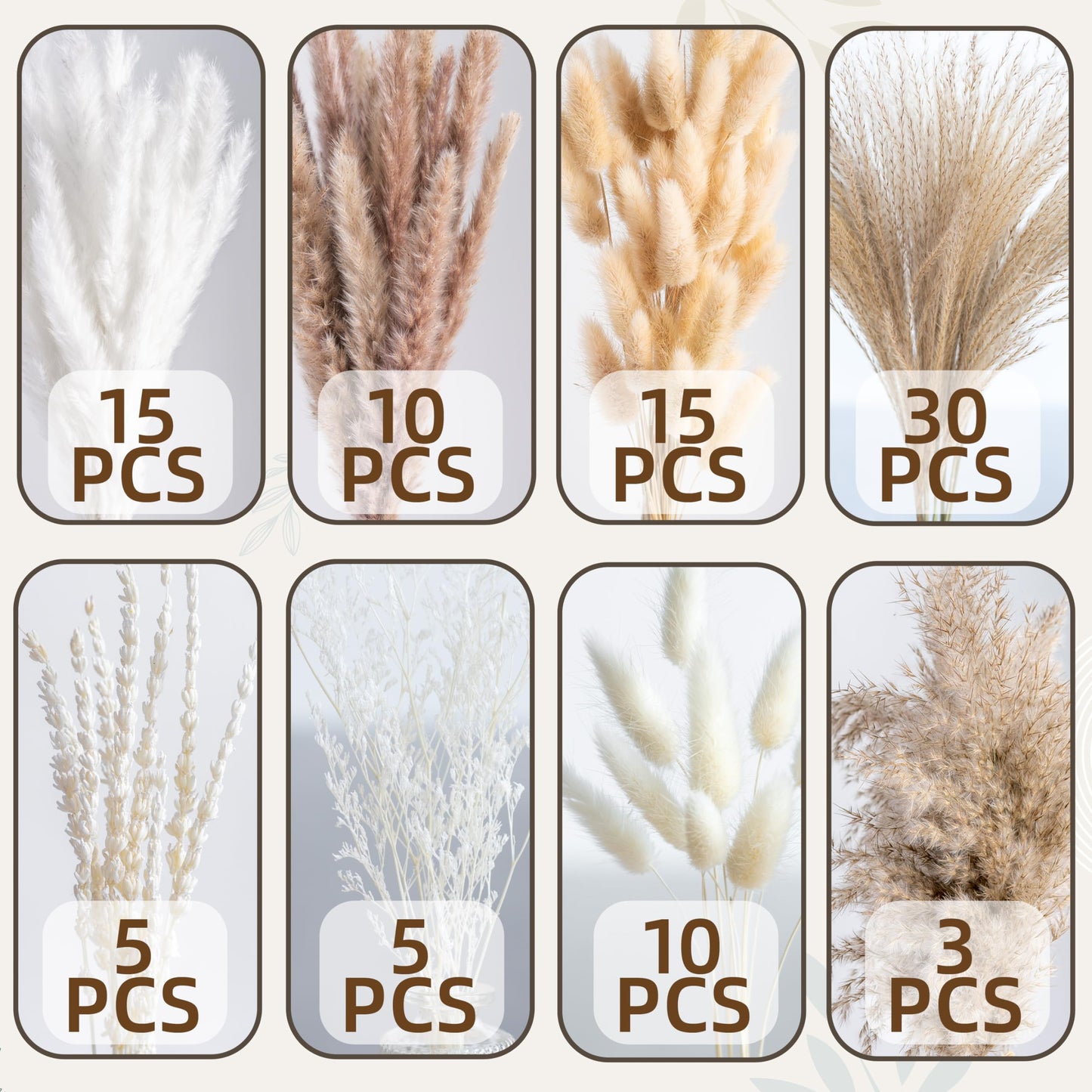 Natural Pampas Grass 8kind Grass Mix Bouquet | Dried Pampas Bouquet for Wedding Boho Flowers Home Table Desk Decor, Rustic Farmhouse Decor (93PCS)