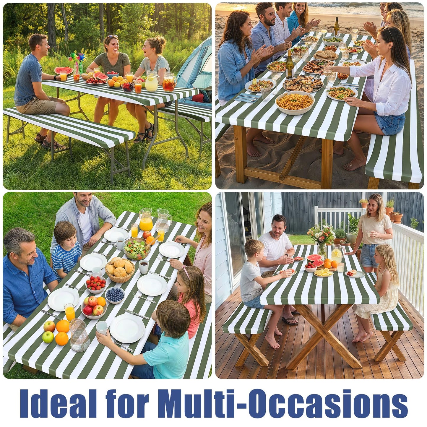 Moosfor Picnic Table Cover with Bench Covers, Elastic Fitted Spandex Tablecloths for 6 Foot Rectangle Tables, Stretch Washable Patio Tablecloth for Outdoor, Camping (Stripe, 30"x72")