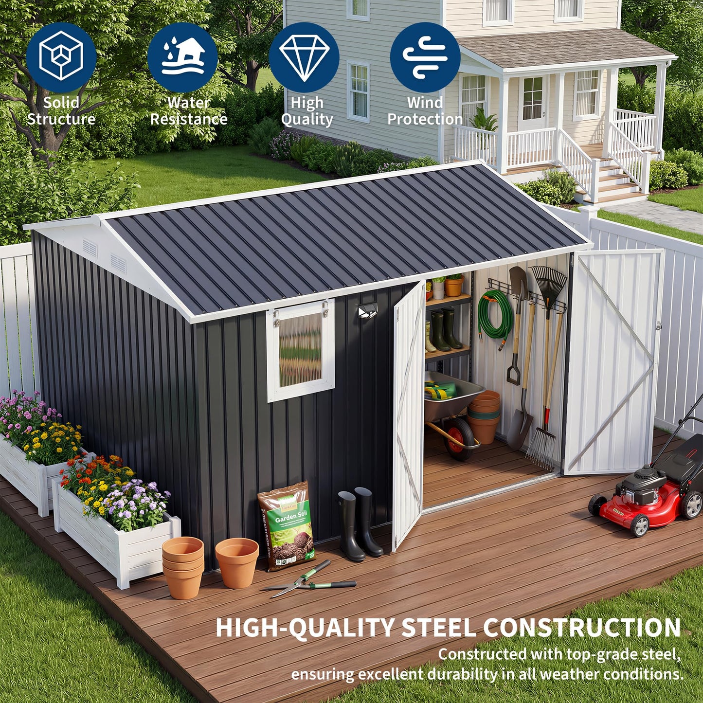 10x8FT Outdoor Storage Shed with Pushable Window, Metal Garden Shed with Sloping Roof,Breathable Vent and Lockable Doors, Steel Tool Shed for Patio Garden, Garage, Backyard, Poolside