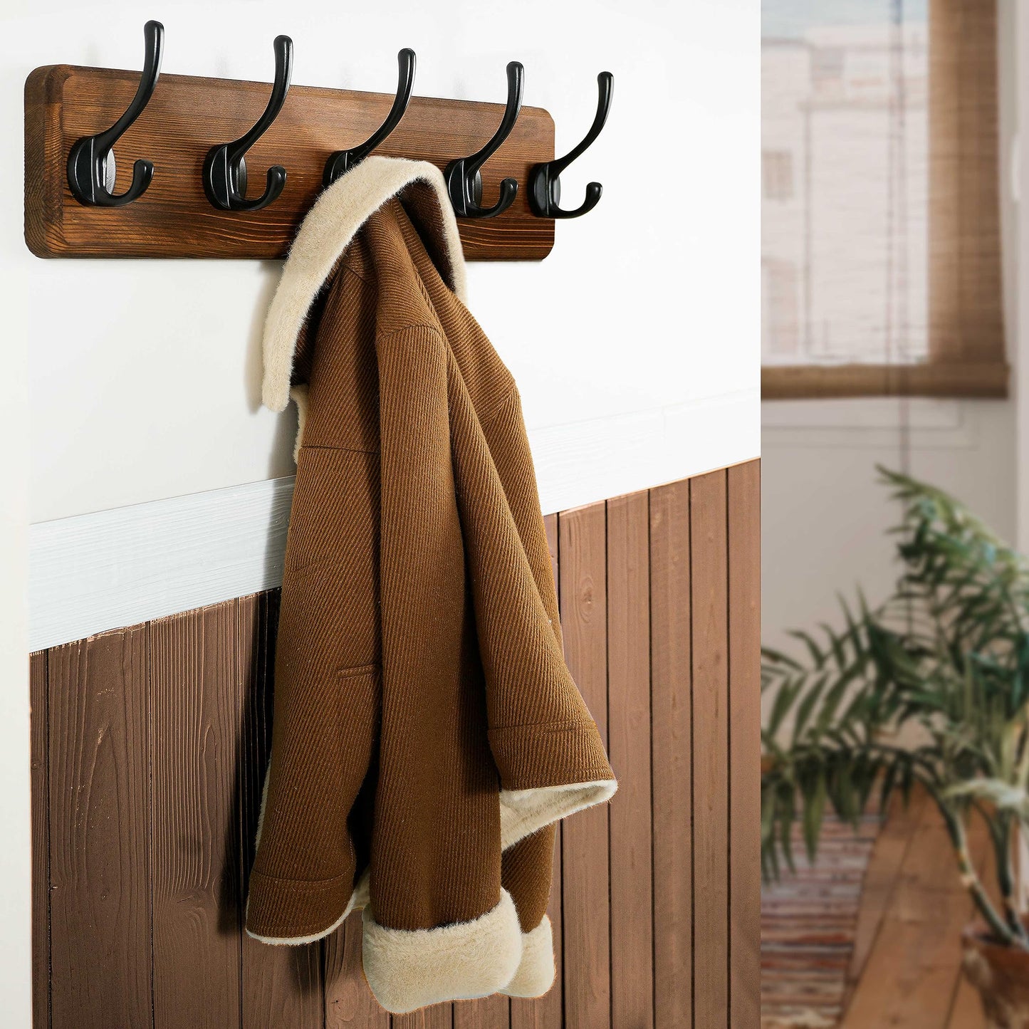 WEBI Coat Rack Wall Mount,Coat Hooks Wall Mounted,16" Hole to Hole,Coat Hanger Wall,Hook Rack Rail,5 Hooks for Hanging Jacket,Clothes,Hats,Rustic Brown