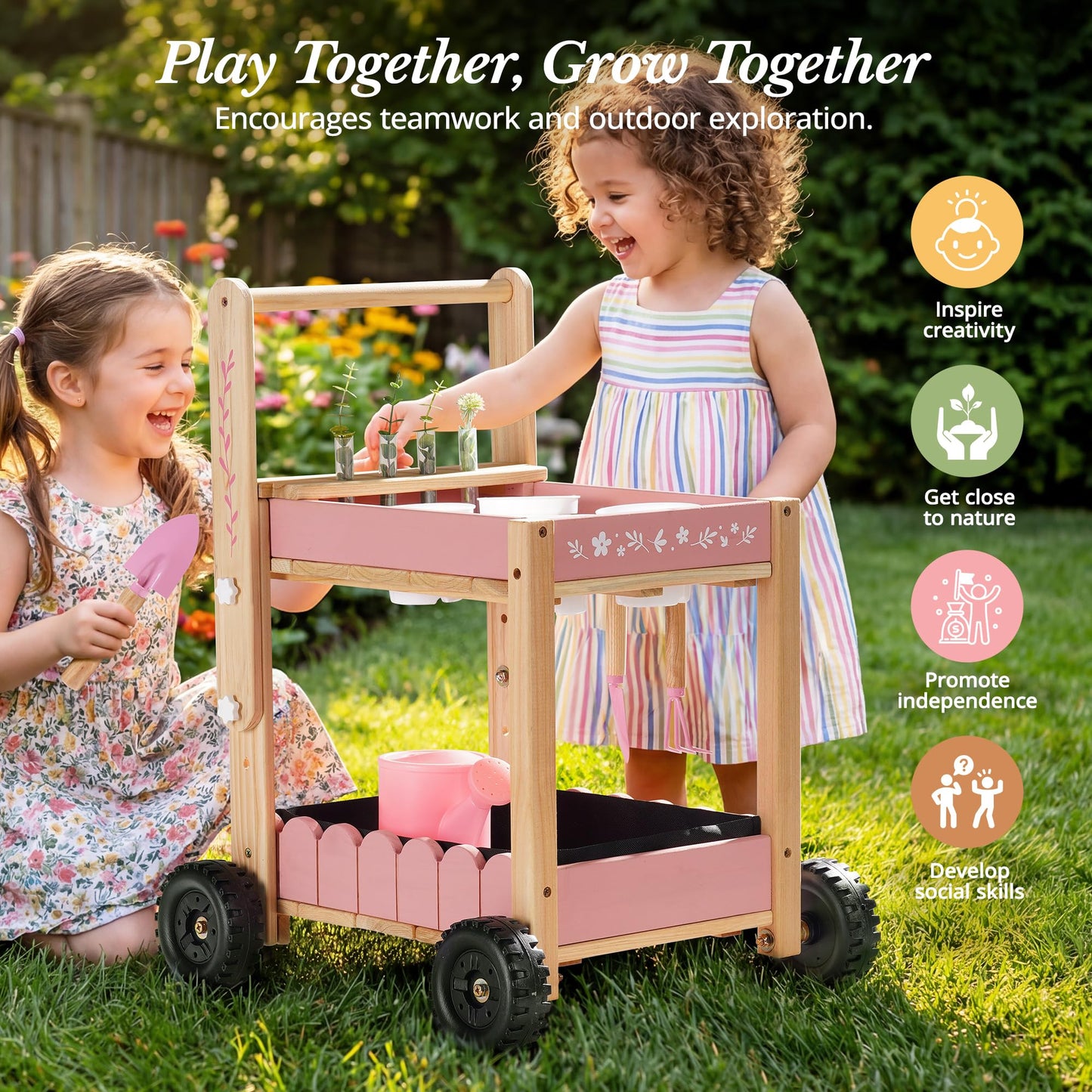 ROBOTIME Kids Gardening Tools with Cart Wheelbarrow - Wooden Outdoor Garden Toys Set with Watering Can, Shovel, Hand Rake & Plant Labels, Outdoor Backyard Play Toys for Toddler Gift (Pink)