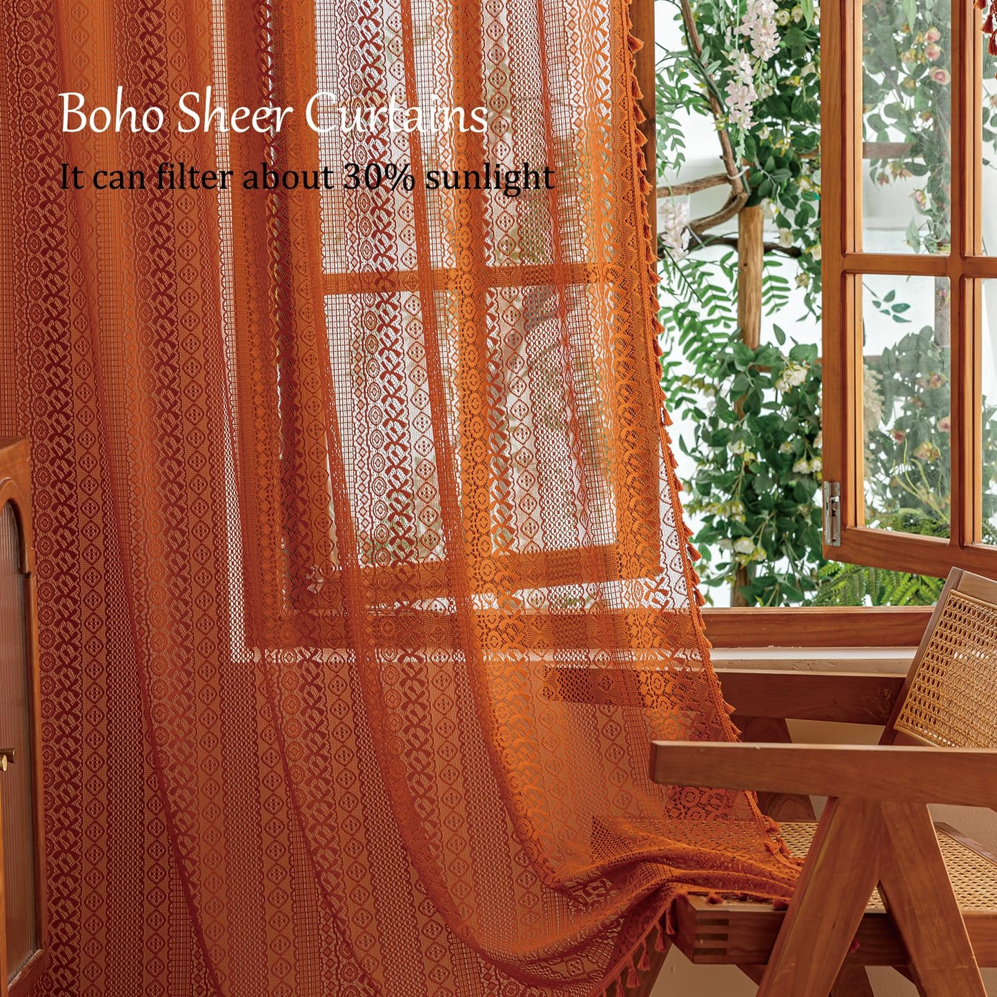 Sutuo Home Terracotta Boho Lace Curtains 2 Panels 84 Inches Long for Living Room&Bedroom, Burnt Orange Crochet Privacy Farmhouse Vintage Tassels Retro Halloween Window Sheer Curtains Rod Pocket,50" W