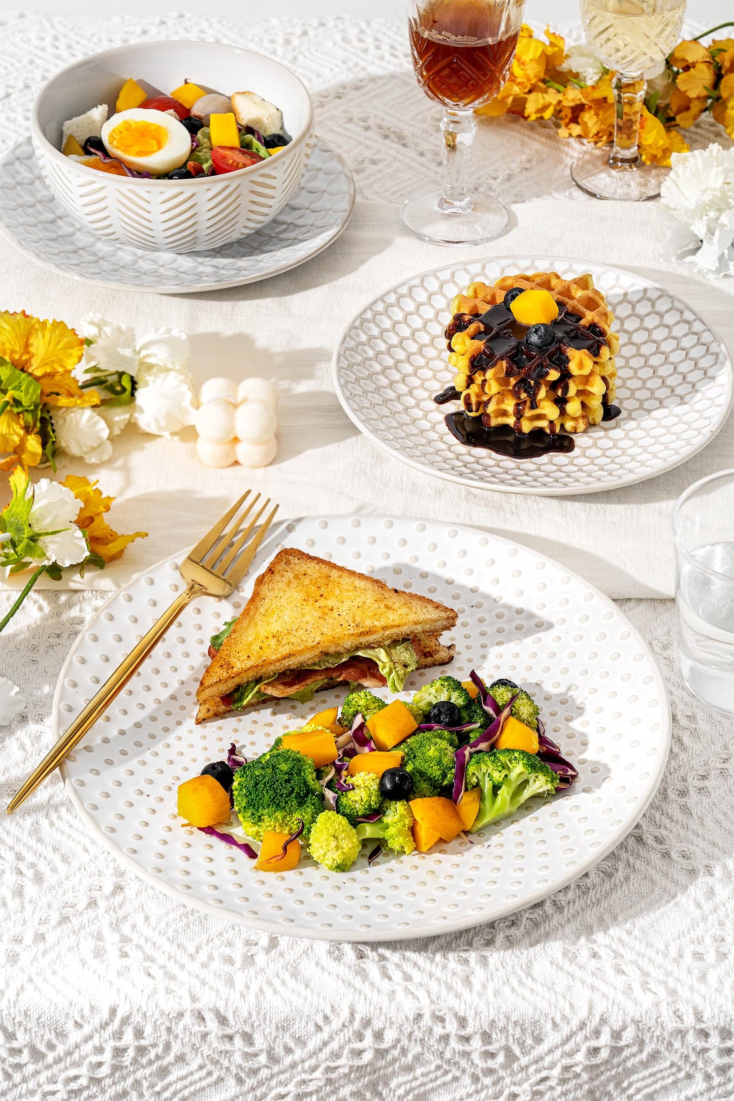 FOBENTA 12 Piece Embossed Dinnerware Sets for 4, Elegant Plates and Bowls Sets, Microwave & Dishwasher Safe, Stoneware for Stylish Home Dining–Perfect Housewarming Gift for Busy Families & Hostesses