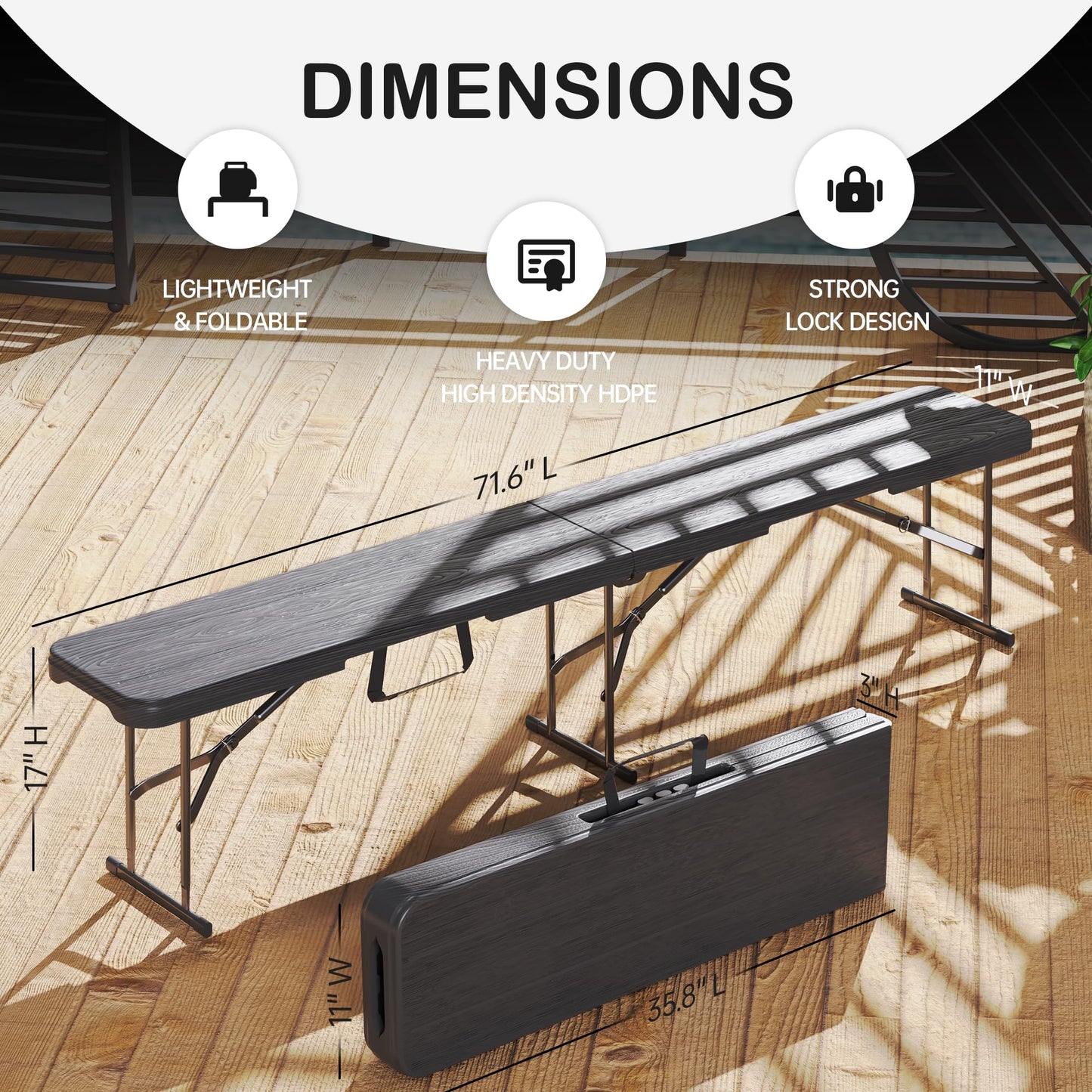 VSOAEIL 6 Foot Folding Bench, Portable Plastic Folding Bench Seat, Foldable Seat for Indoor Outdoor Picnic Camping Dining, Soccer Garden Multipurpose Entertaining Activities, Black