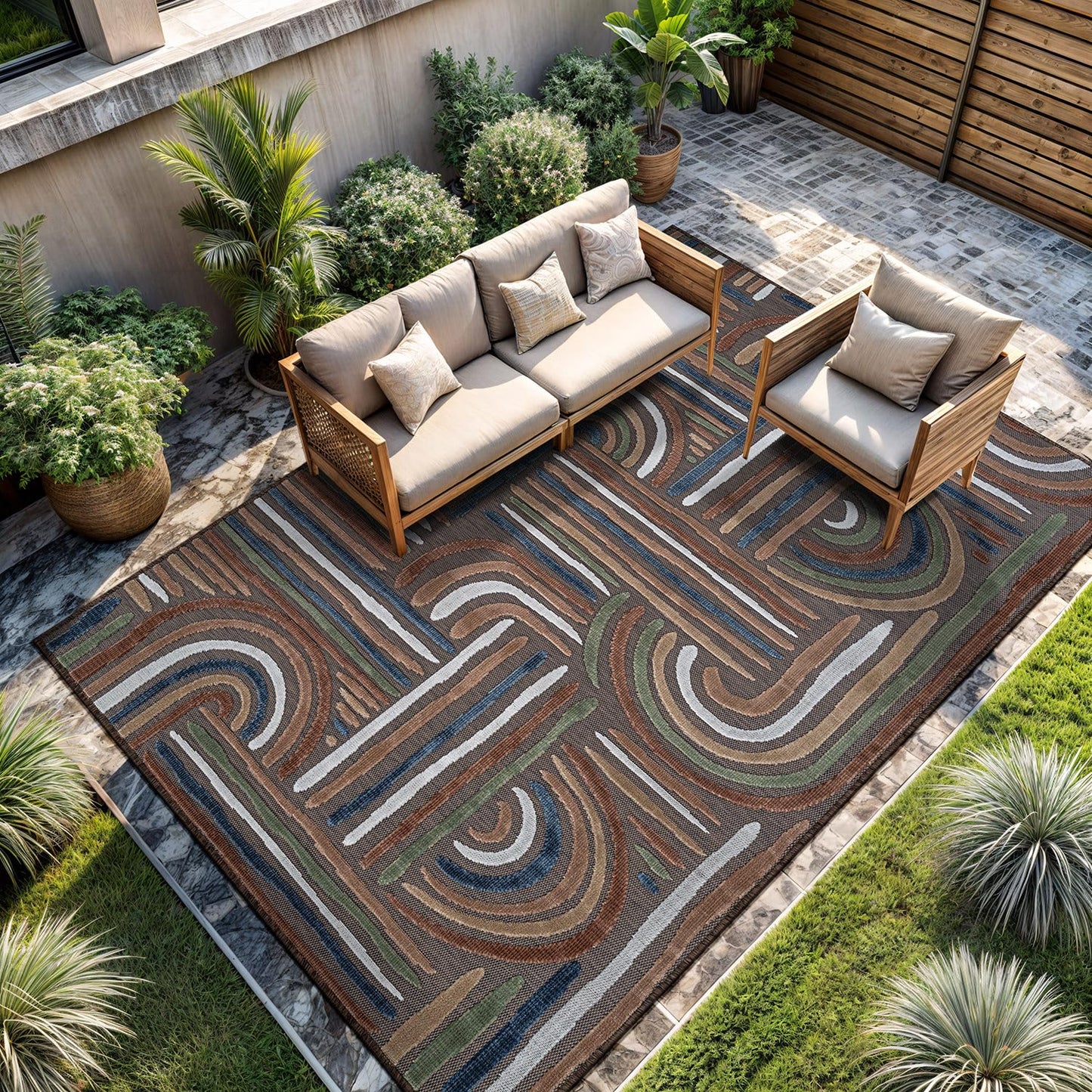 CAMILSON Indoor Outdoor Rug, Brown 5x7 Geometric Arch Striped Area Rugs for Patio and Home Areas, Easy-Cleaning Non-Shedding Living Room, Garden and Deck Washable Outside Carpet (5 x 7)