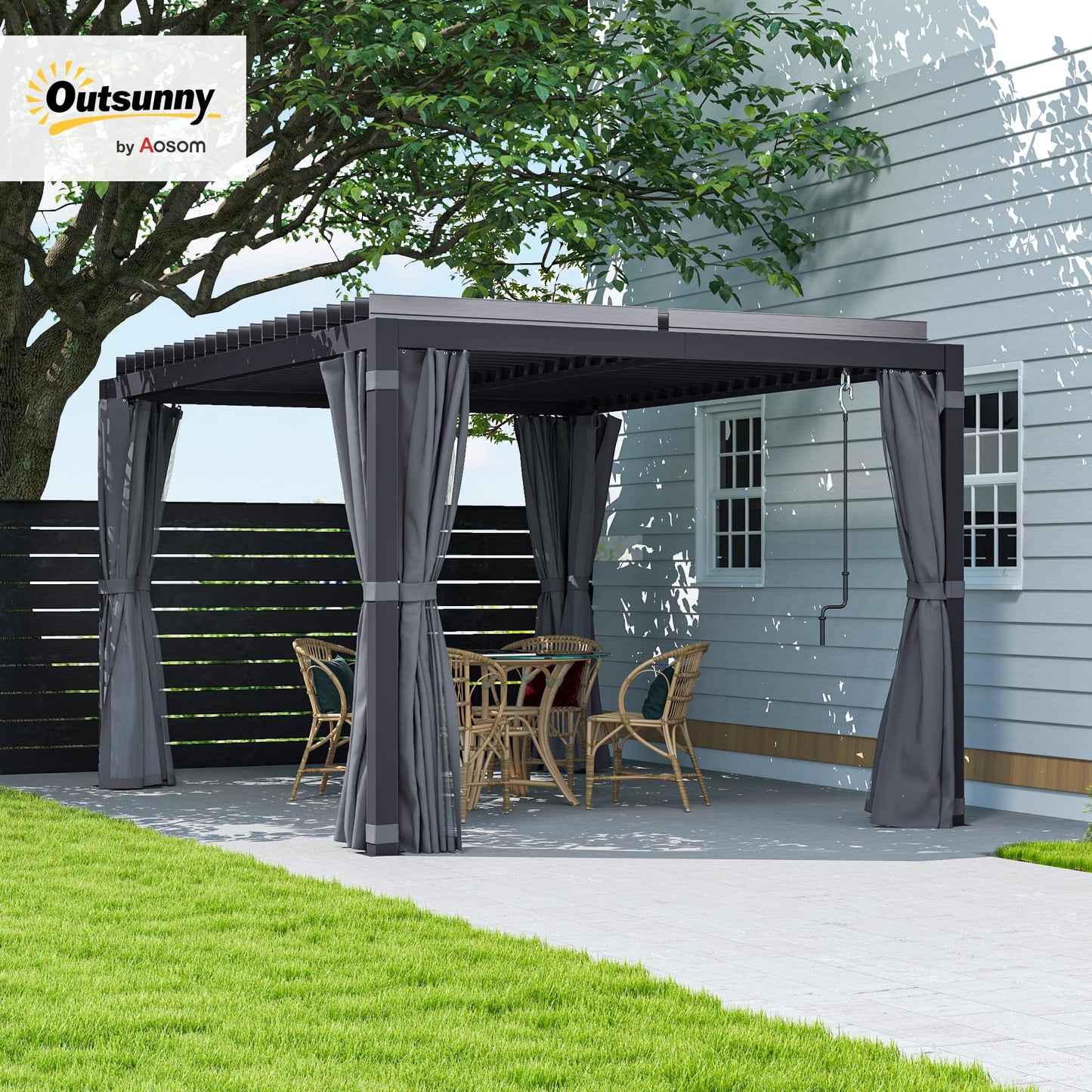 Outsunny 10 x 13 ft. Louvered Pergola Hardtop Gazebo with Adjustable Aluminum Roof and Frame, Outdoor Pergola with Curtains and Netting, for Garden, Lawn, Backyard, and Deck, Dark Gray