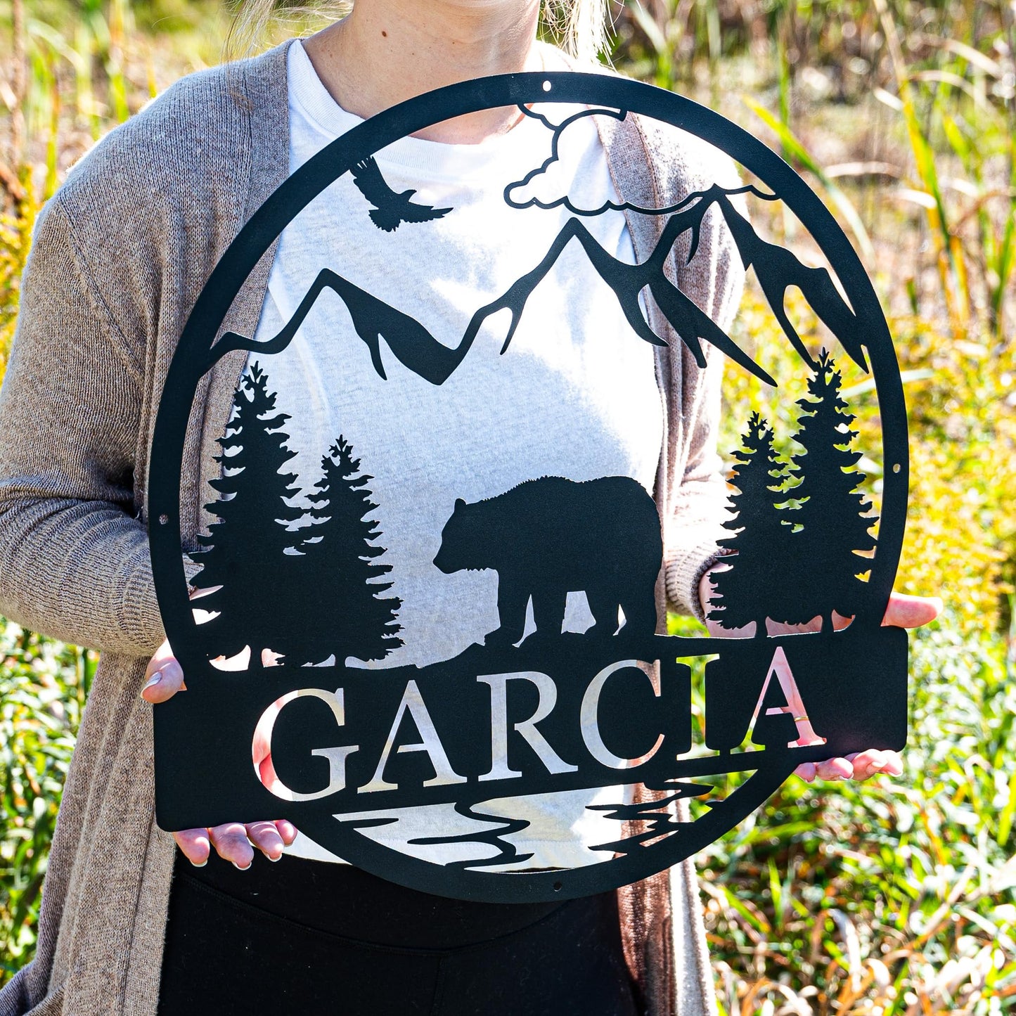 Outdoor Bear Personalized Metal Sign | Cabin Decor | Door Monogram | Rustic Decor | Custom Name Sign