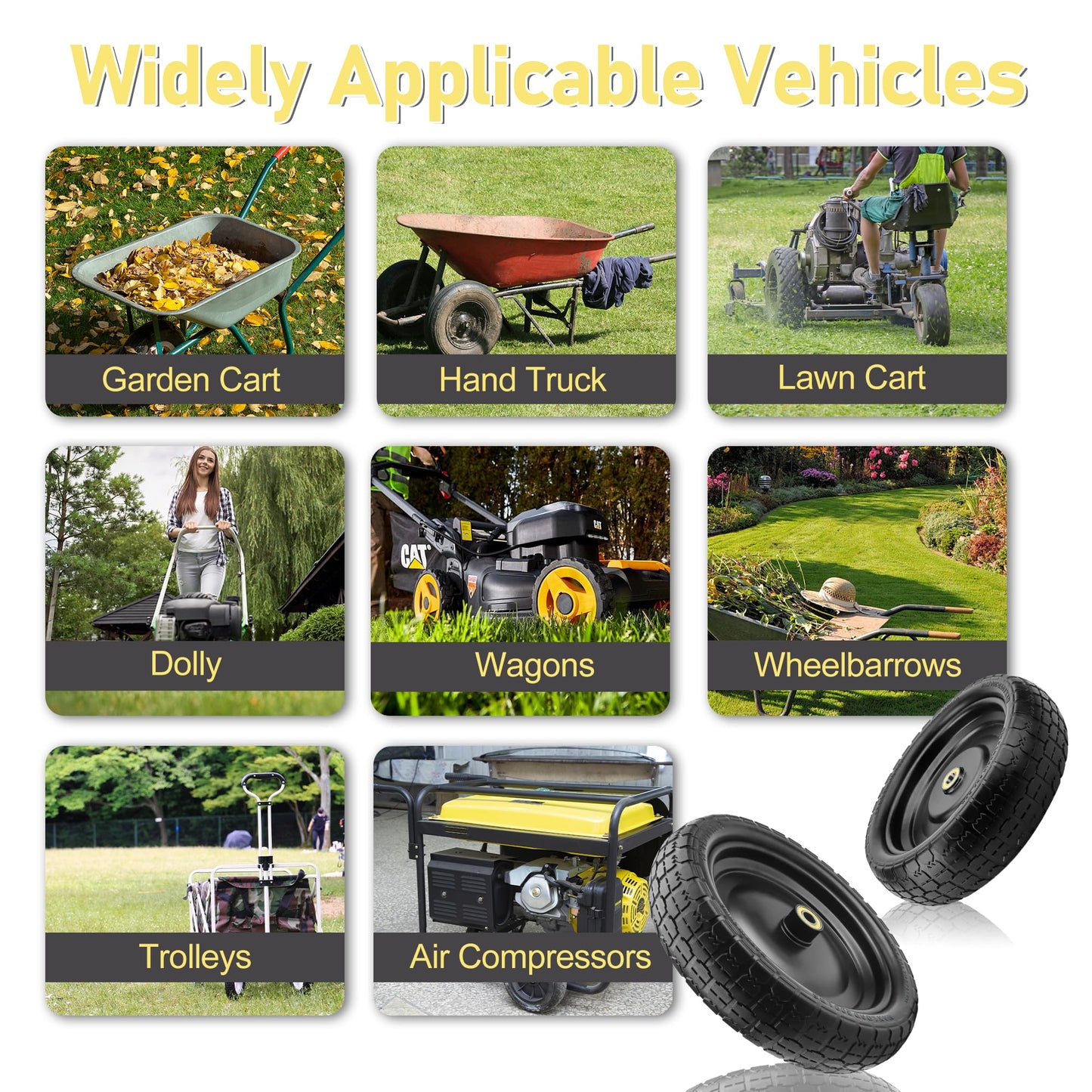13" Flat Free Wheels for Gorilla Carts, 4.00-6 Solid Tires with 5/8" Bearings & 2.17" Offset Hub, Replacement for Garden Carts, Hand Truck, Yard Trailer, 2 Pack | Vypart