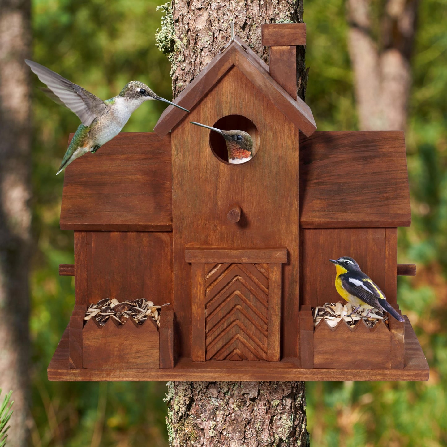 MIXUMON Bird Houses for Outside with Bird Feeder, Outdoor 3 Hole Bird House Room for 3 Bird Families Bluebird Finch Cardinals Hanging Birdhouse for Garden (Style 12)