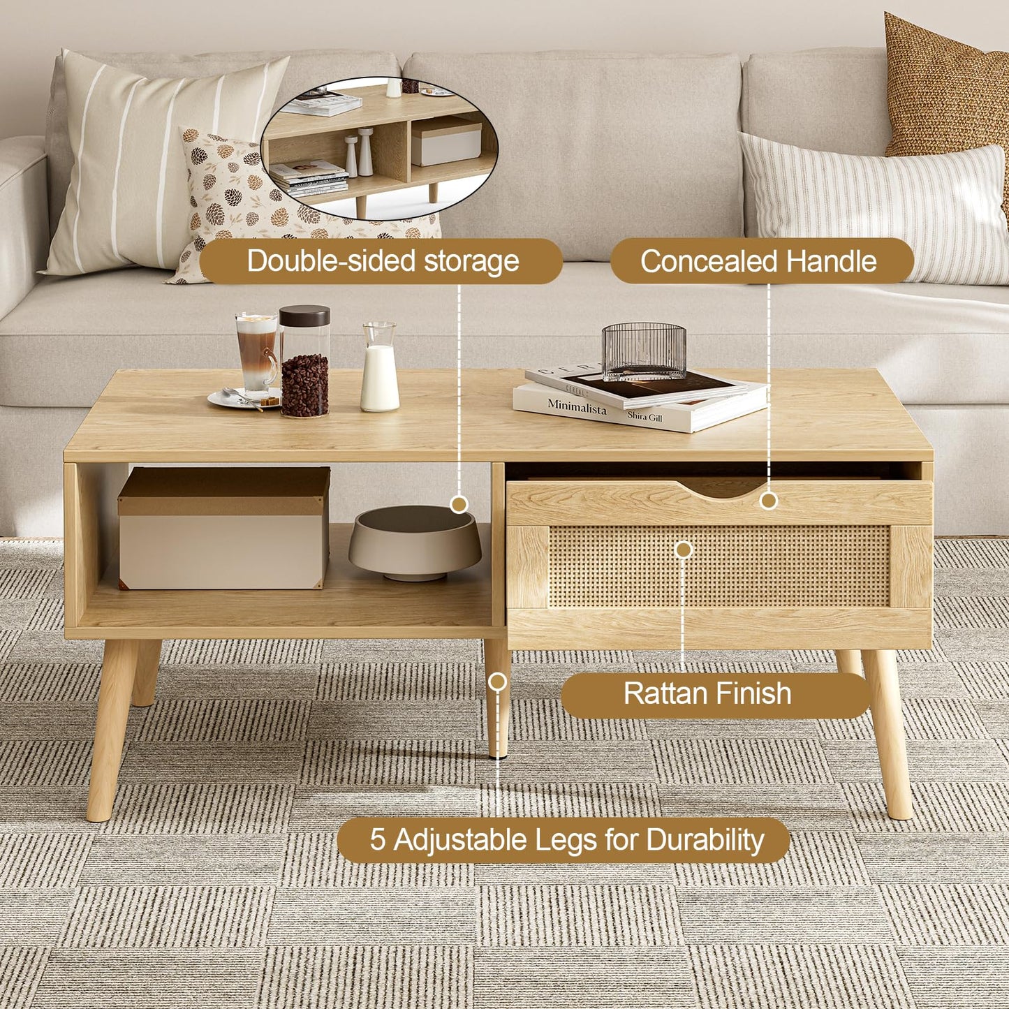 ZttRiee Coffee Table with Storage, Boho Dining Table with Rattan Drawer and Solid Wood Legs, Small Coffee Tables for Living Room, Oak