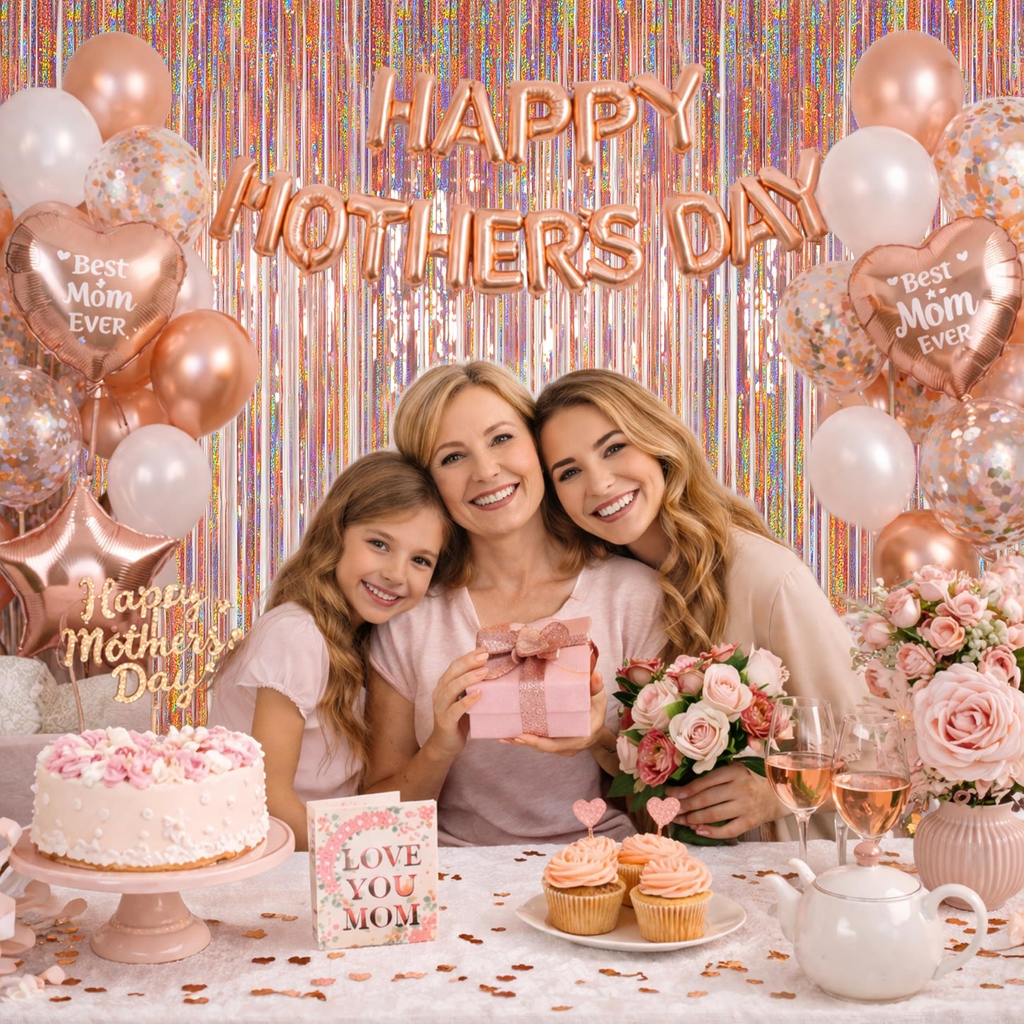 Photo Backdrop for Mothers Day Decorations, Melsan Rose Gold Tinsel Backdrop 2 Pack, Sparkle Foil Fringe Curtains for Rose Gold Birthday Decorations, 3.2 ft x 8.2 ft