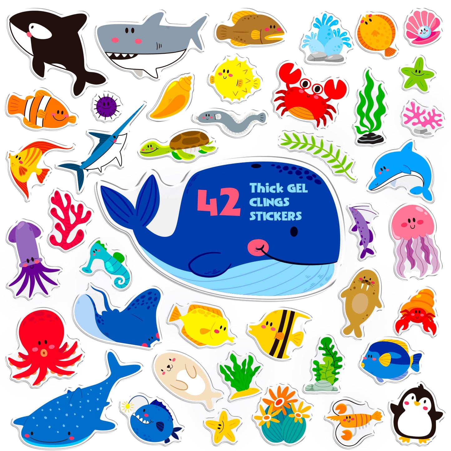 42PCS Marine Animal Jelly Stickers, Thick Window Door Clings Removable Reusable Gel Clings Decals for Kids Toddlers Adults Home Classroom Nursery Animal Party Supplies Decorations (Not Edible)