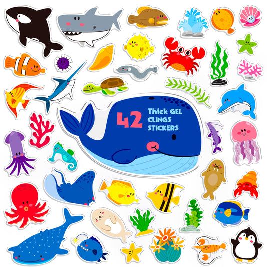 42PCS Marine Animal Jelly Stickers, Thick Window Door Clings Removable Reusable Gel Clings Decals for Kids Toddlers Adults Home Classroom Nursery Animal Party Supplies Decorations (Not Edible)