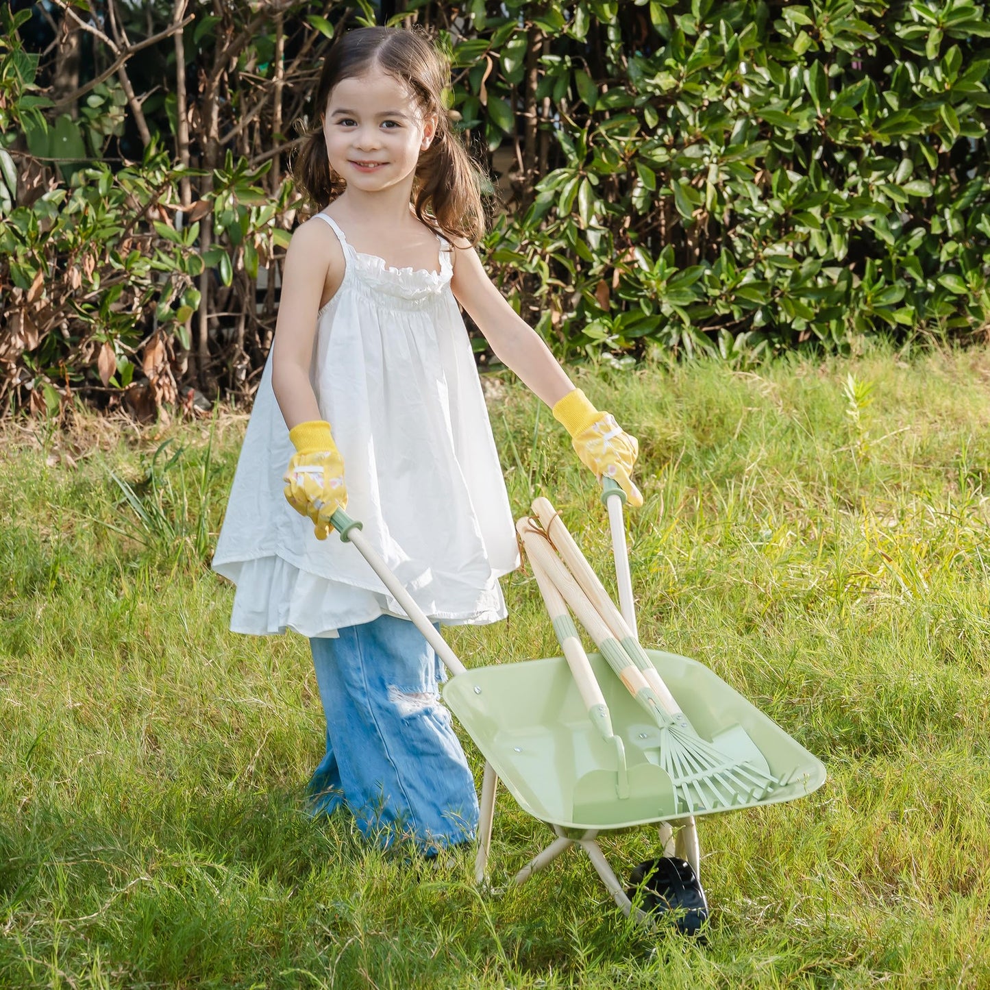 ROBOTIME Kids Wheelbarrow Set, 5PCS Kids Gardening Tool Set with Metal Toy Wheelbarrow, Shovel, Hoe, Broom & Gloves, Outdoor Yard Play for Planting, Sand, Leaves & Snow Fun, Gifts for Toddler 3+